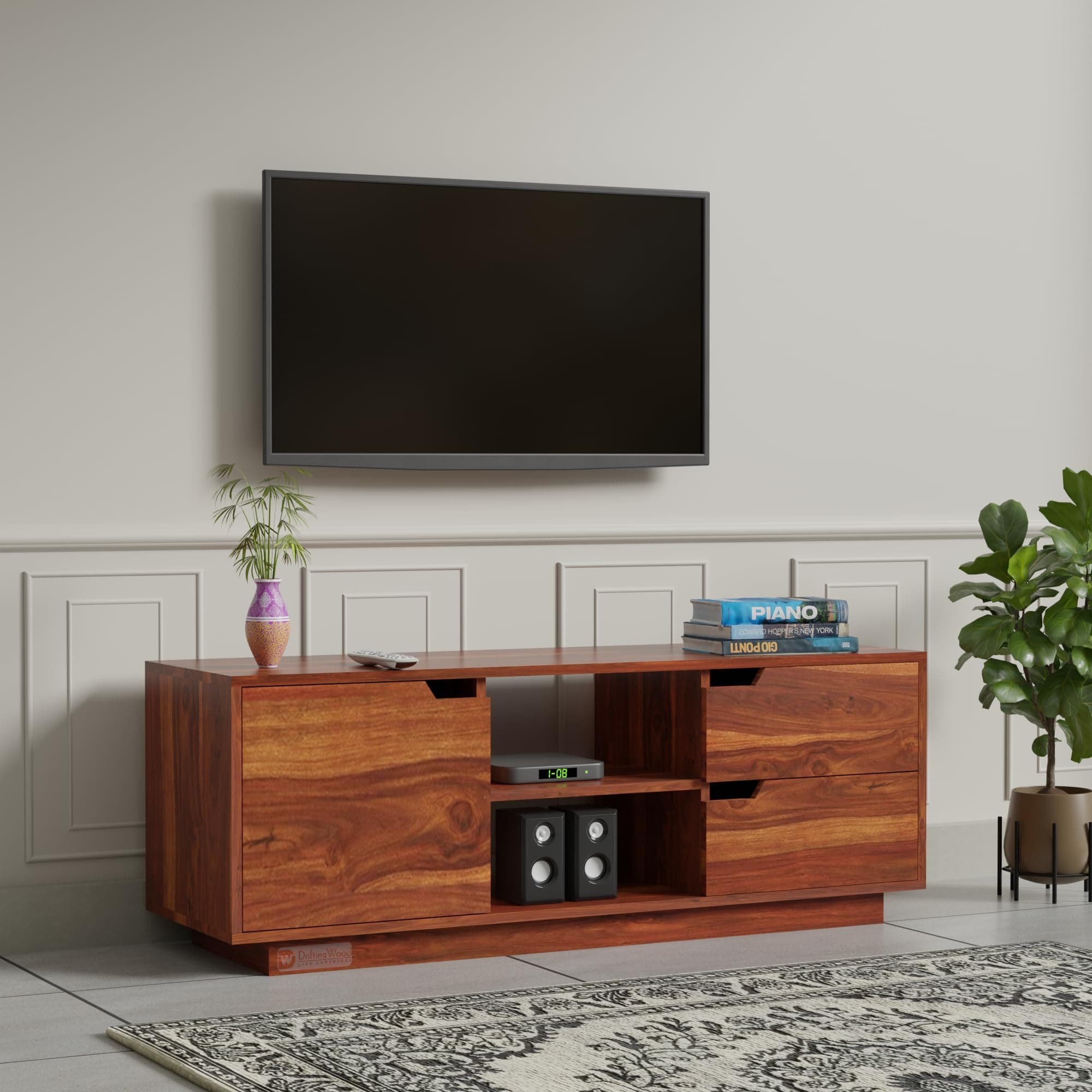 DRIFTINGWOOD Medora Solid Sheesham Wood TV Unit | Wooden Sideboard Cabinet for Living Room | TV Stand with Storage | Rosewood Honey Finish