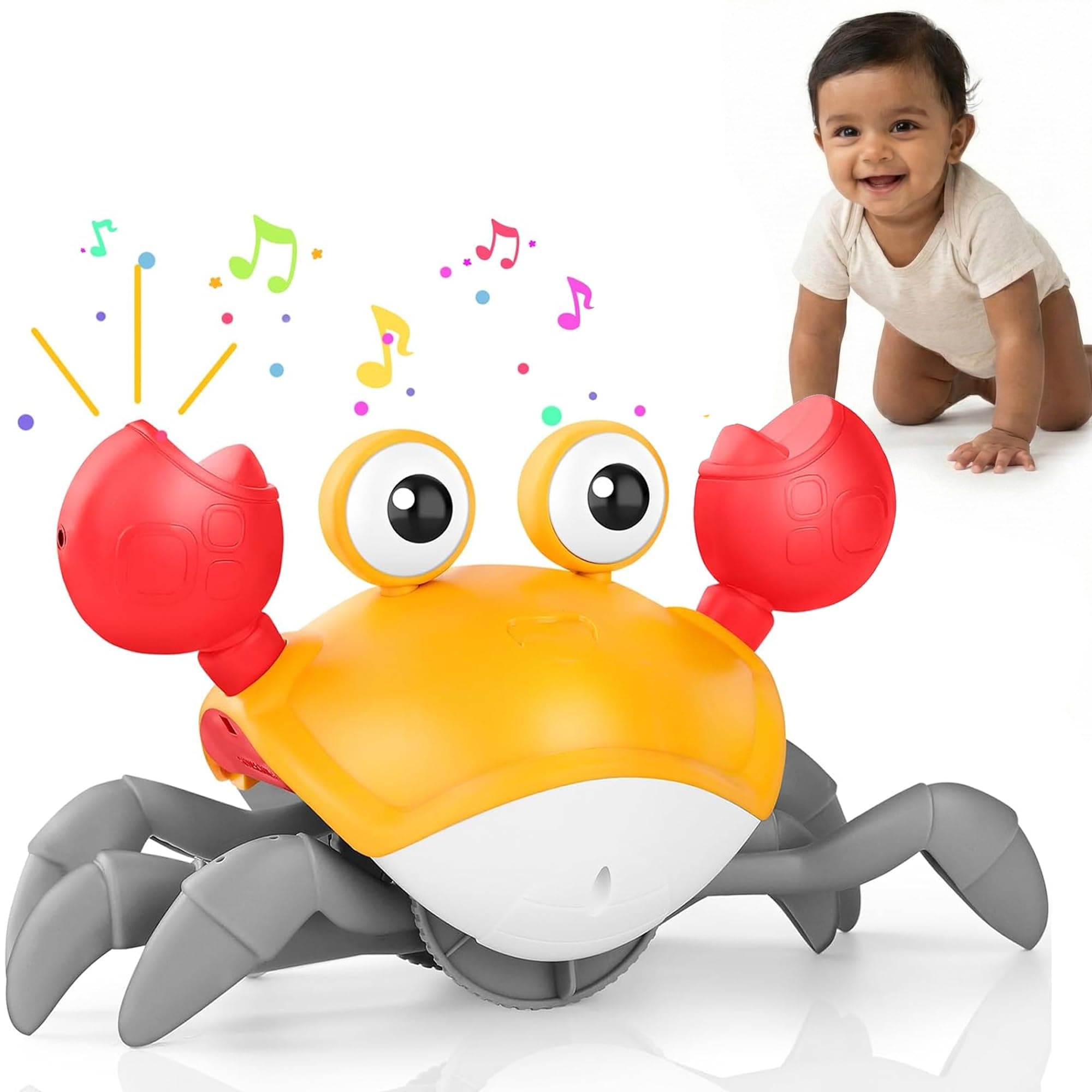 Kidology Crawling Crab Infant Tummy Time Toys | Kids Electronic Musical Light up Toy with Automatically Obstacle Avoidance Induction | Walking Moving Baby Toys with Music, LED Lights and USB Cable