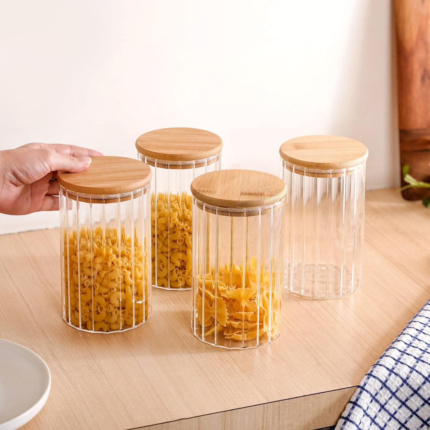 Nestasia Ribbed Airtight Kitchen Storage Glass Jar Set of 4|Containers for Food Storage, Organization, and Freshness Preservation (1000ml), Transparent