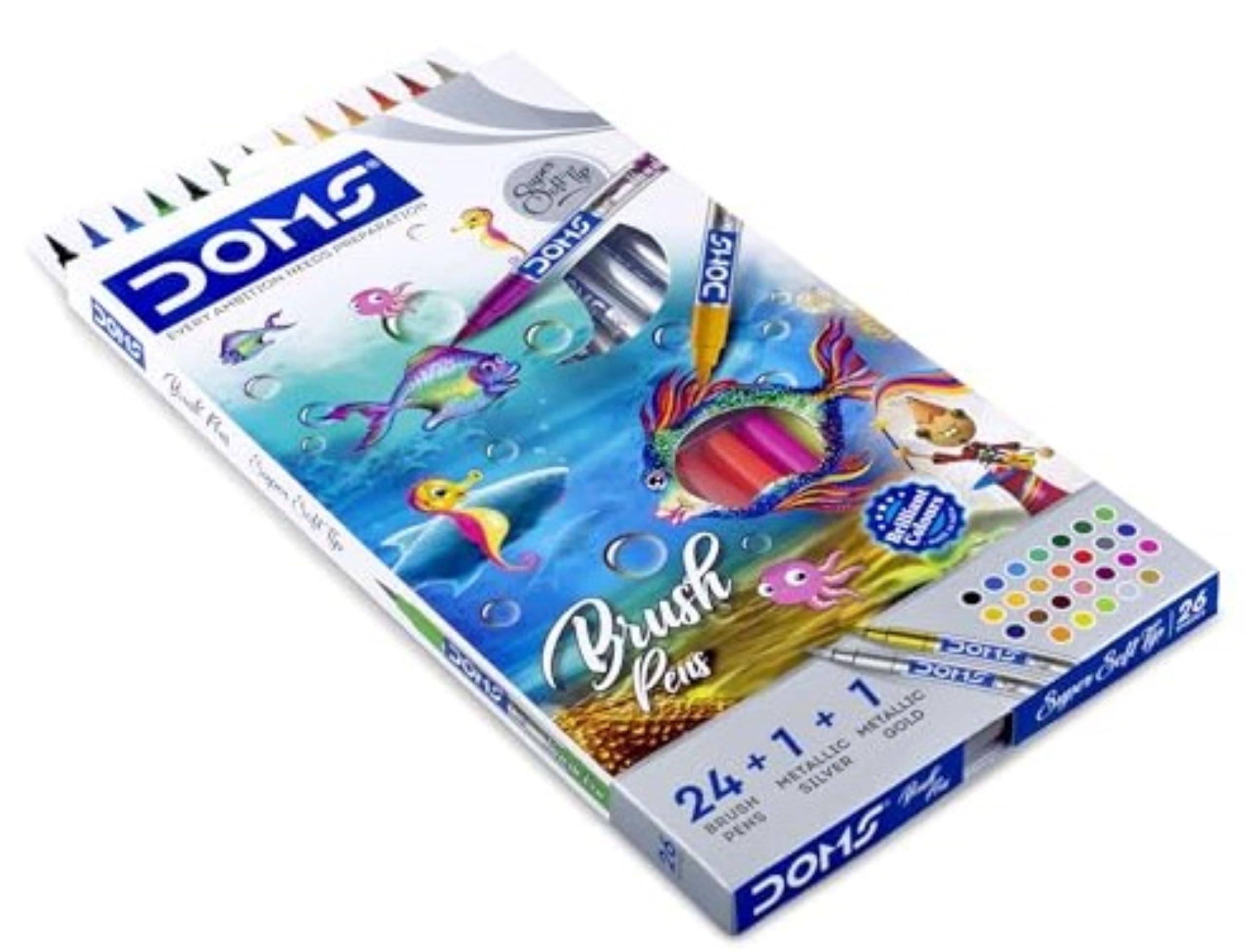 DOMS Brush Pen Box Pack | Flexible & Soft Tip That Gives Water Color Effect | Includes One Silver & Gold Shade Inside | Lightweight Brush Pens For Kids | Set Of 26 Shades