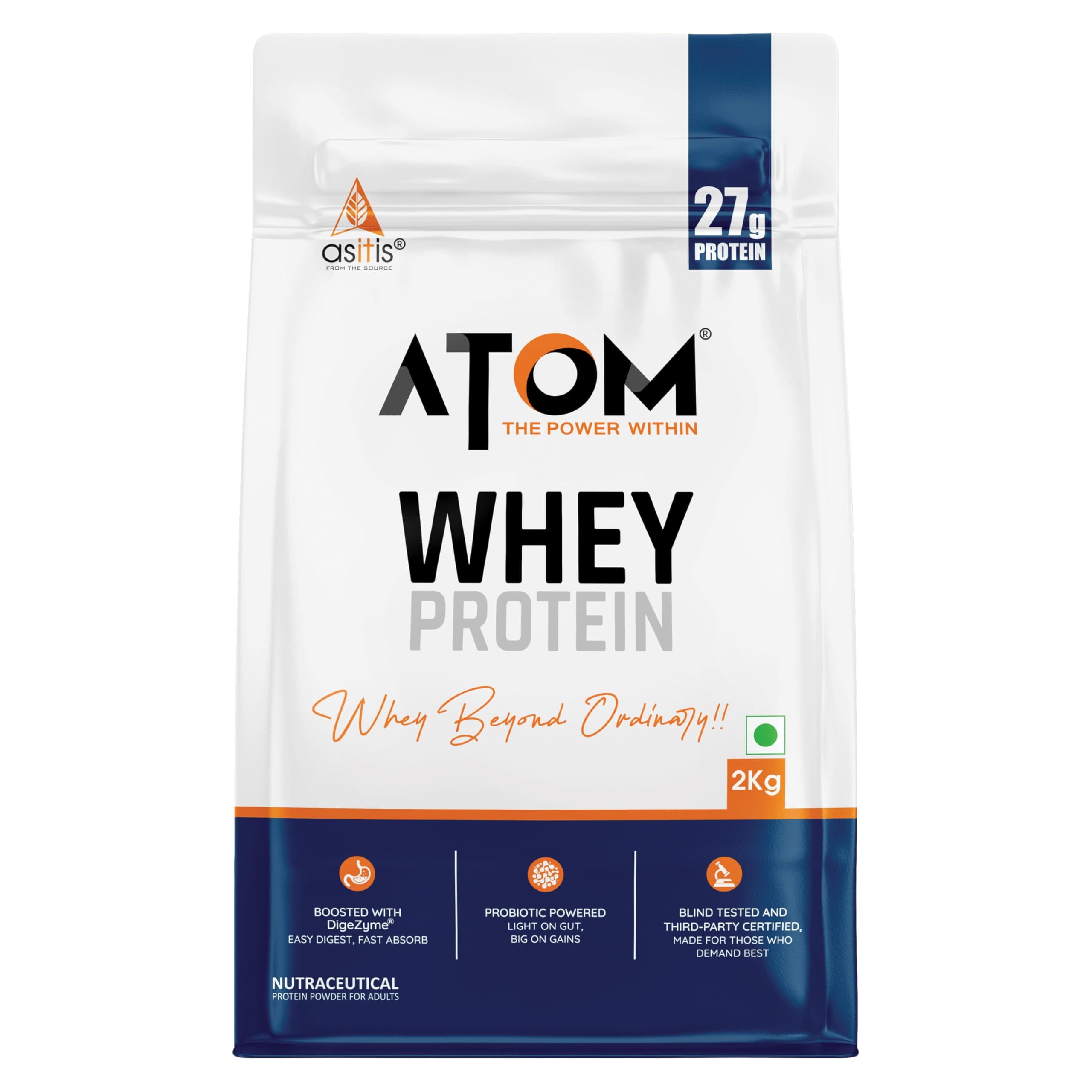 AS-IT-IS ATOM Whey Protein 2kg | 27g protein | Isolate & Concentrate | Choco Hazel Fusion | USA Labdoor Certified | With Digestive Enzymes for better absorption