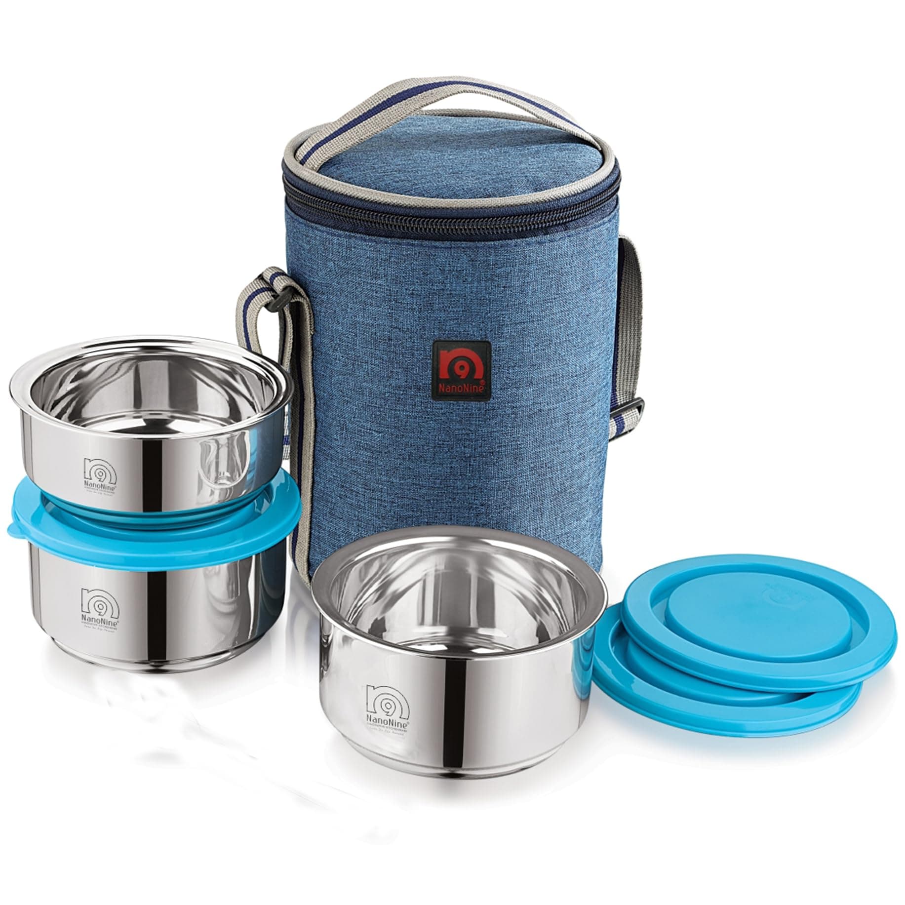 NanoNine Tiffiny Executive Double Wall Insulated Stainless Steel Lunch Box with Bag, 325 ml + 225 ml, 3 pc, Denim Blue, Standard