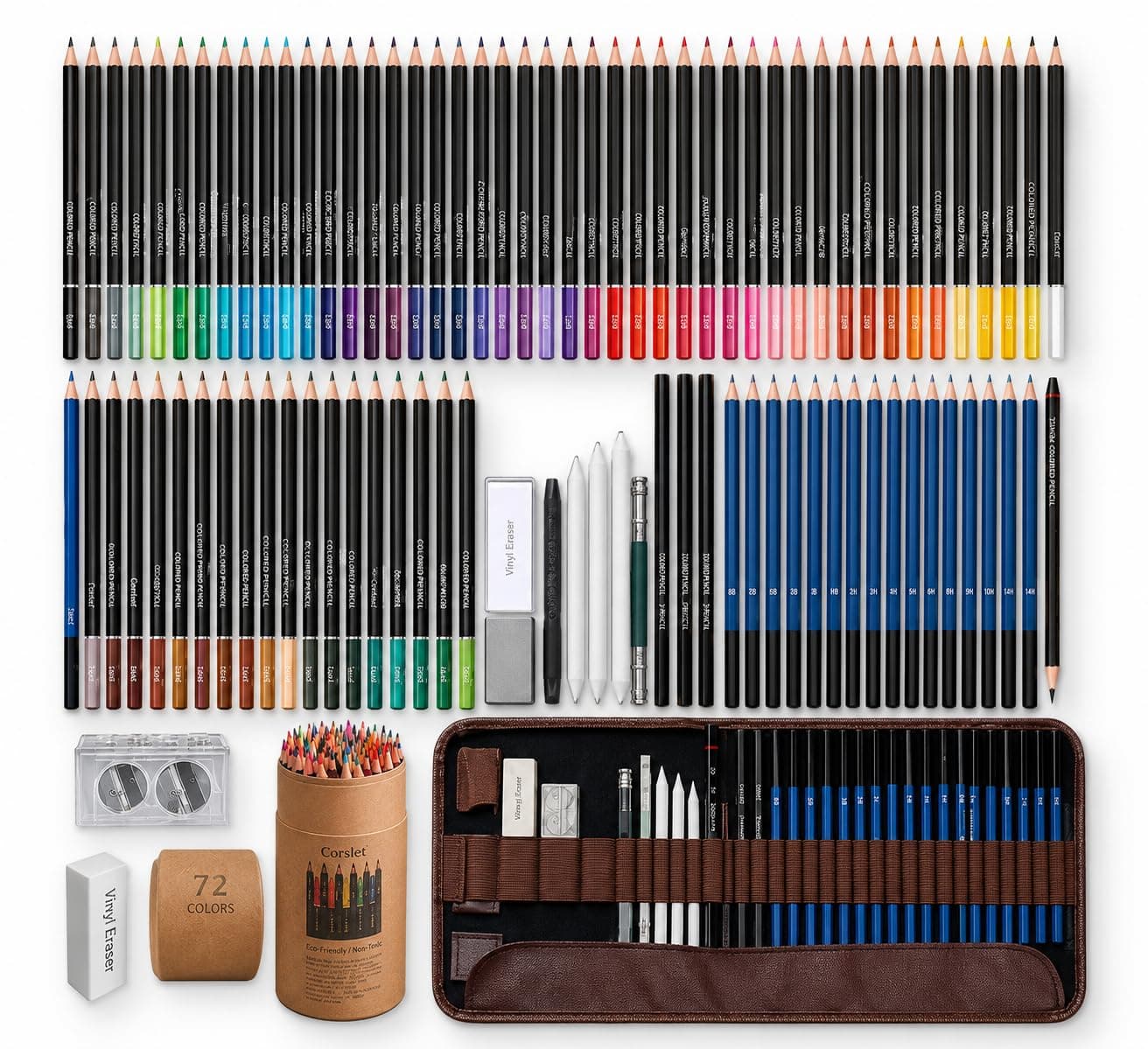 Corslet 102 Pc Sketching Kit for Artists | Premium Pencil Set with 72 Color, 3 Charcoal, 18 Graphite, 3 Paper Erasable Pencils | Drawing Kit with Craft knife, Canvas Rolling Pouch