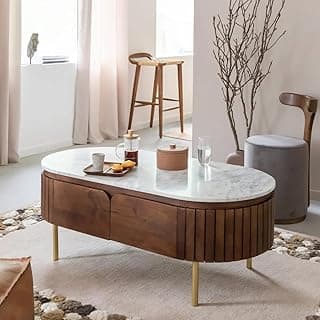 The Attic Carlston Coffee Table, Coffee Table for Living Room, Solid Wood Centre Table with Ceramic Top, Tobacco Brown Finish