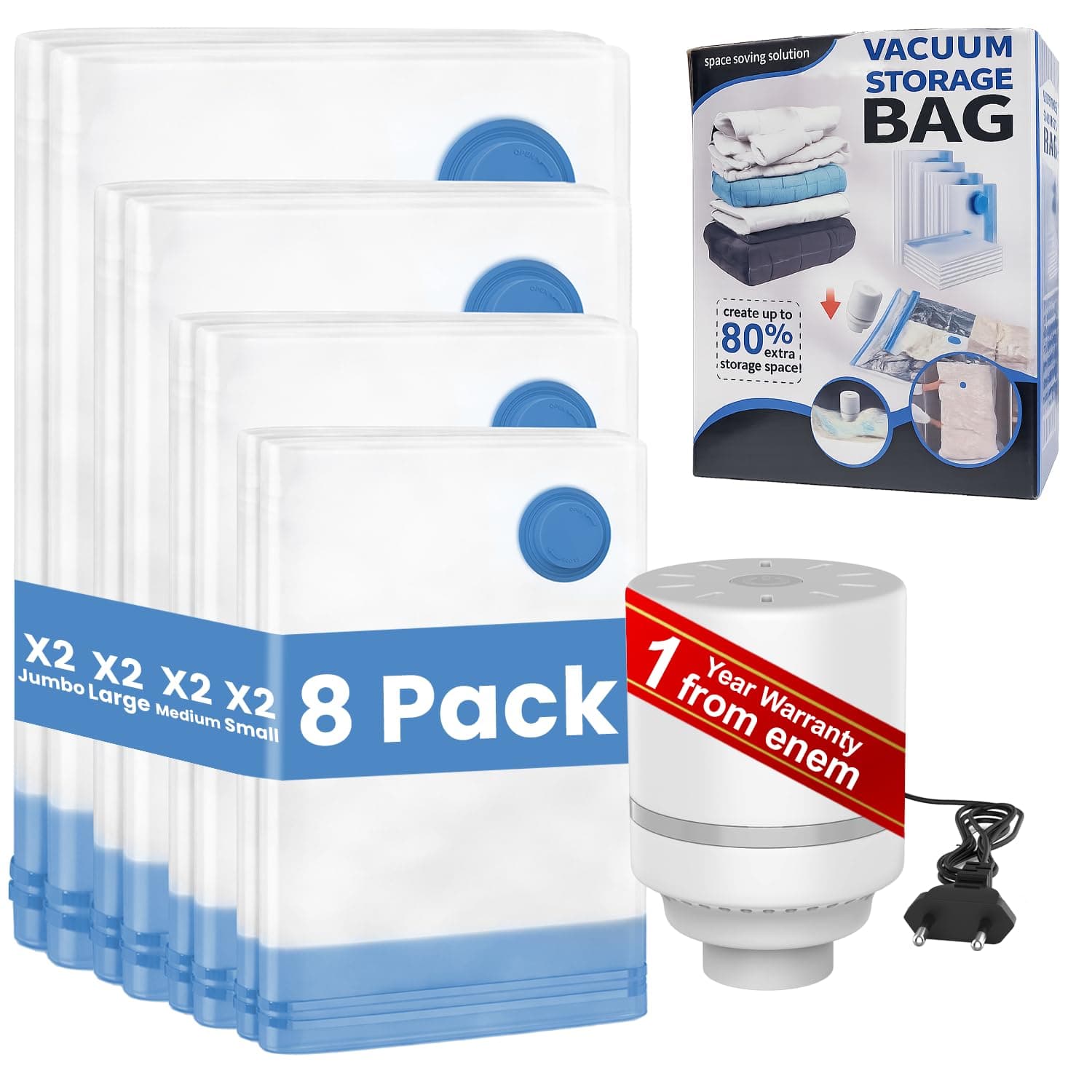 enem Vacuum Bags For Clothes With Pump | Pack of 8 (2 Jumbo, 2 Large, 2 Medium, 2 Small) | Travel Vacuum Bags For Clothes | Wardrobe Organizer For Storage | 1 Year Warranty from enem