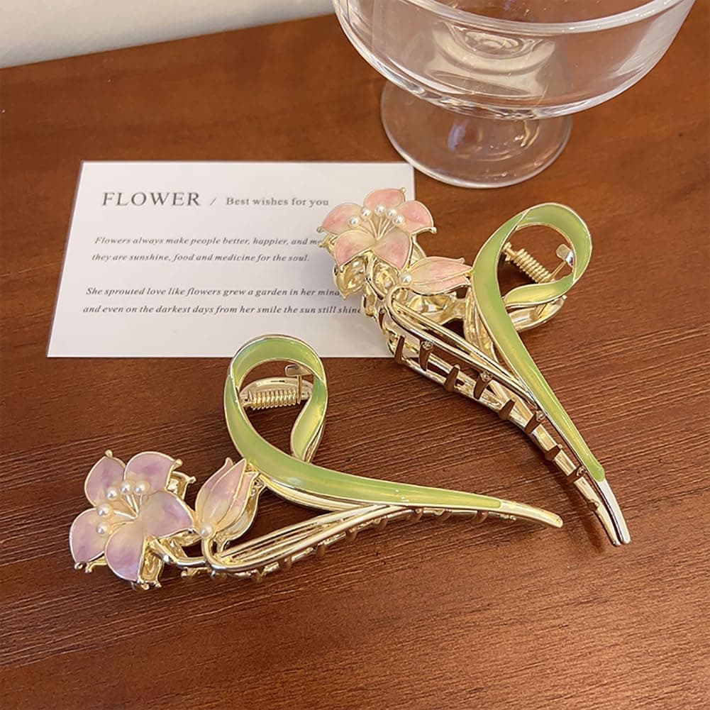 TR Creation Hair Clips Metal Alloy Hair Accessories for Women Girls, Hair Claw Clips Pearls Cute Fashion Spring Summer Hairpins Large Jaw Clip. (Lily Pack of 2)