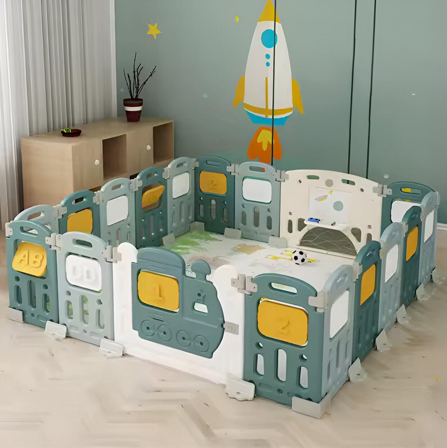 Baybee Train Kids Playpen for Babies | Foldable Baby Play Area Indoor Setup with Safety Lock, Writing Board & Double Knob | Outdoor Play Pen for Kids for 0-5 Years | Portable Baby Activity Playards for Toddlers (18 Panels)