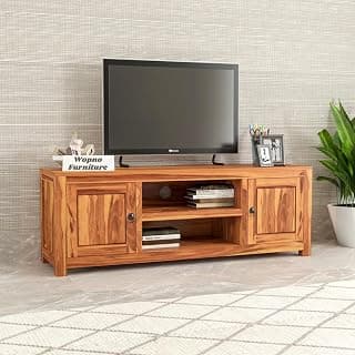 Solid Sheesham Wood Entertainment TV Unit with 2 Door | Rosewood Tv Stand/TV Cabinet for Living Room | Bedroom | Wooden TV Panel with Shelf Stoarge | TV Table (Honey)