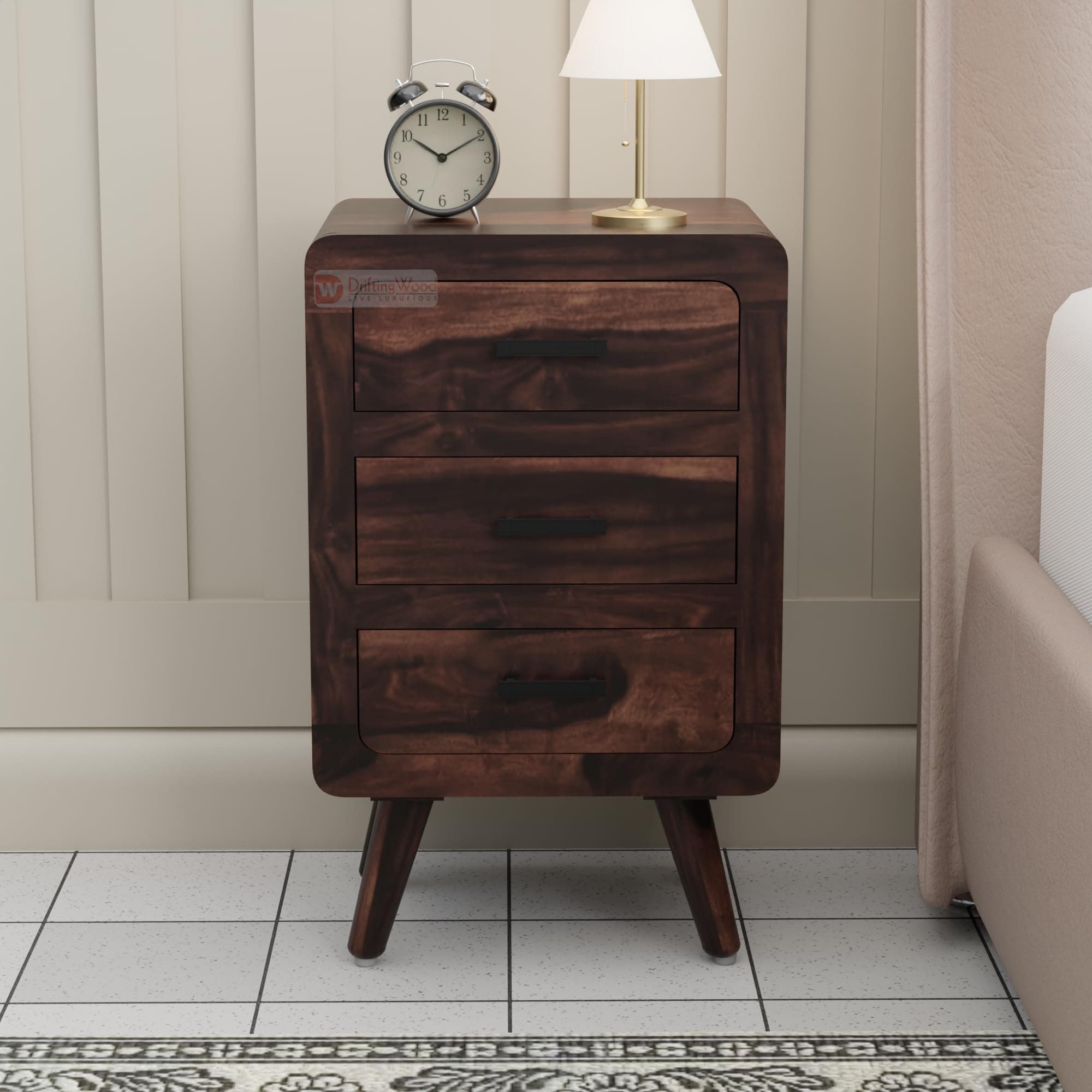 DRIFFTINGWOOD Alicia Solid Sheesham Wood Handcrafted Bedside Table End Table or Nightstand with 3 Drawers, Lamp Table, Walnut Finish