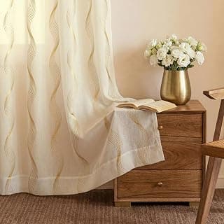 Urban Space Gold Foil Sheer with Texture, Curtains for Door 7 Feet, 35-40% Room Darkning, Set of 2 Decorative Curtains with Tieback and Eyelets (Double Wave Butter Cream, Door- 7 Feet)