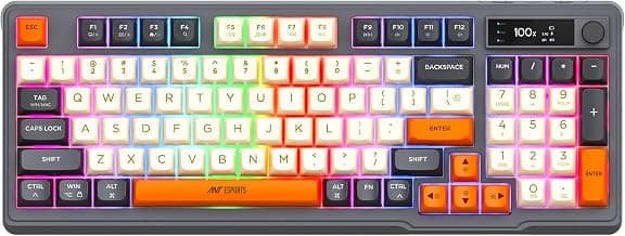 Ant Esports MK801 V2 Pro Wireless Mecha Membrane Backlit Gaming Keyboard 94 Keys 2.4G/Bluetooth Mode Compact Numeric Pad RGB Keyboard for Home Internet Cafe Game Room Office_ Grey, Beige, Orange