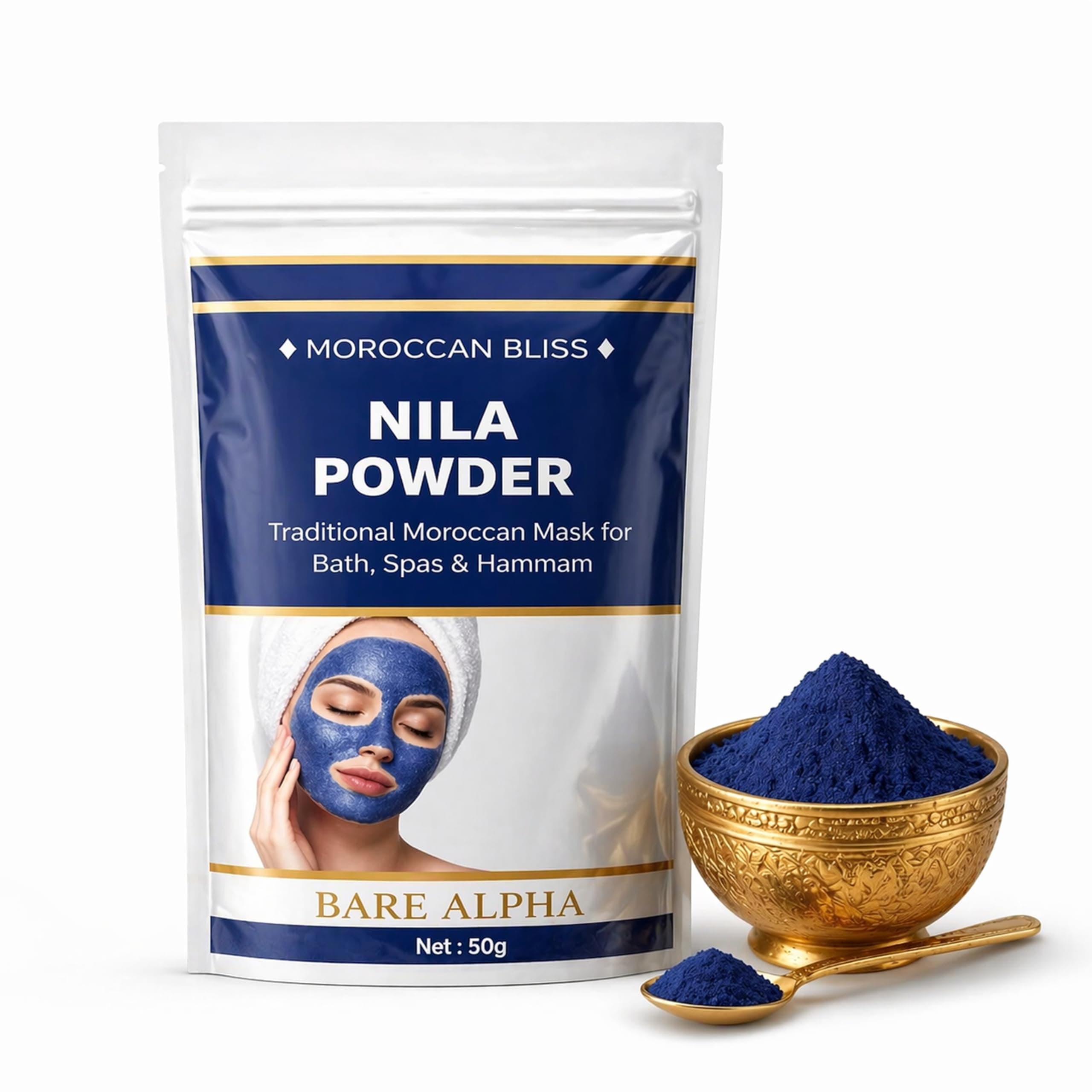 Moroccan Nila Powder For Face - 100% Natural Blue Powder for Skin Brightening, Tan Removal & Detox | Traditional Moroccan Hammam Beauty Treatment For Face & Body Care (50g)