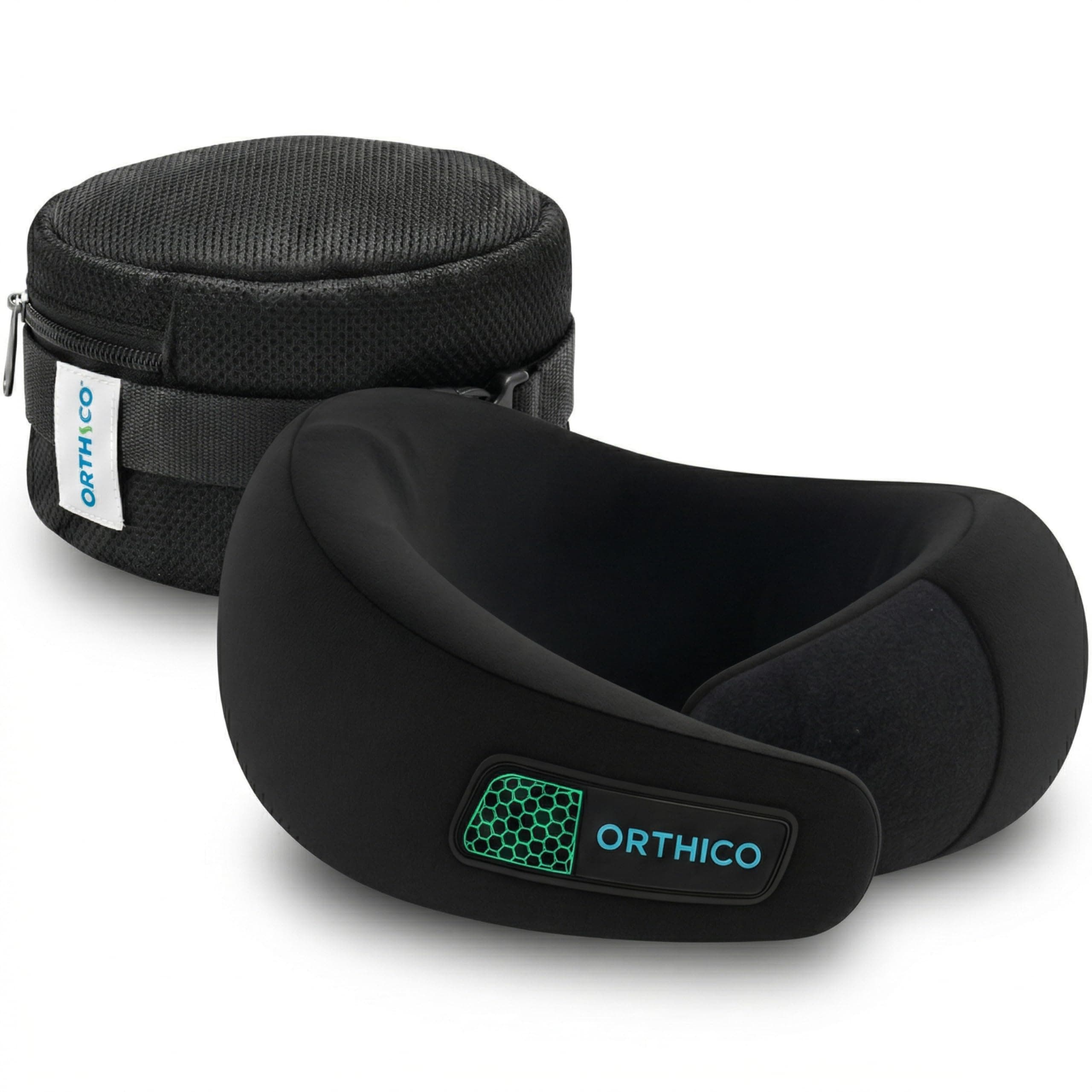 ORTHICO Neck Pillow for Travelling, Luxury Black | Cooling Gel Memory Foam, Ergonomic Design, For Car, Flight & Office, Compact