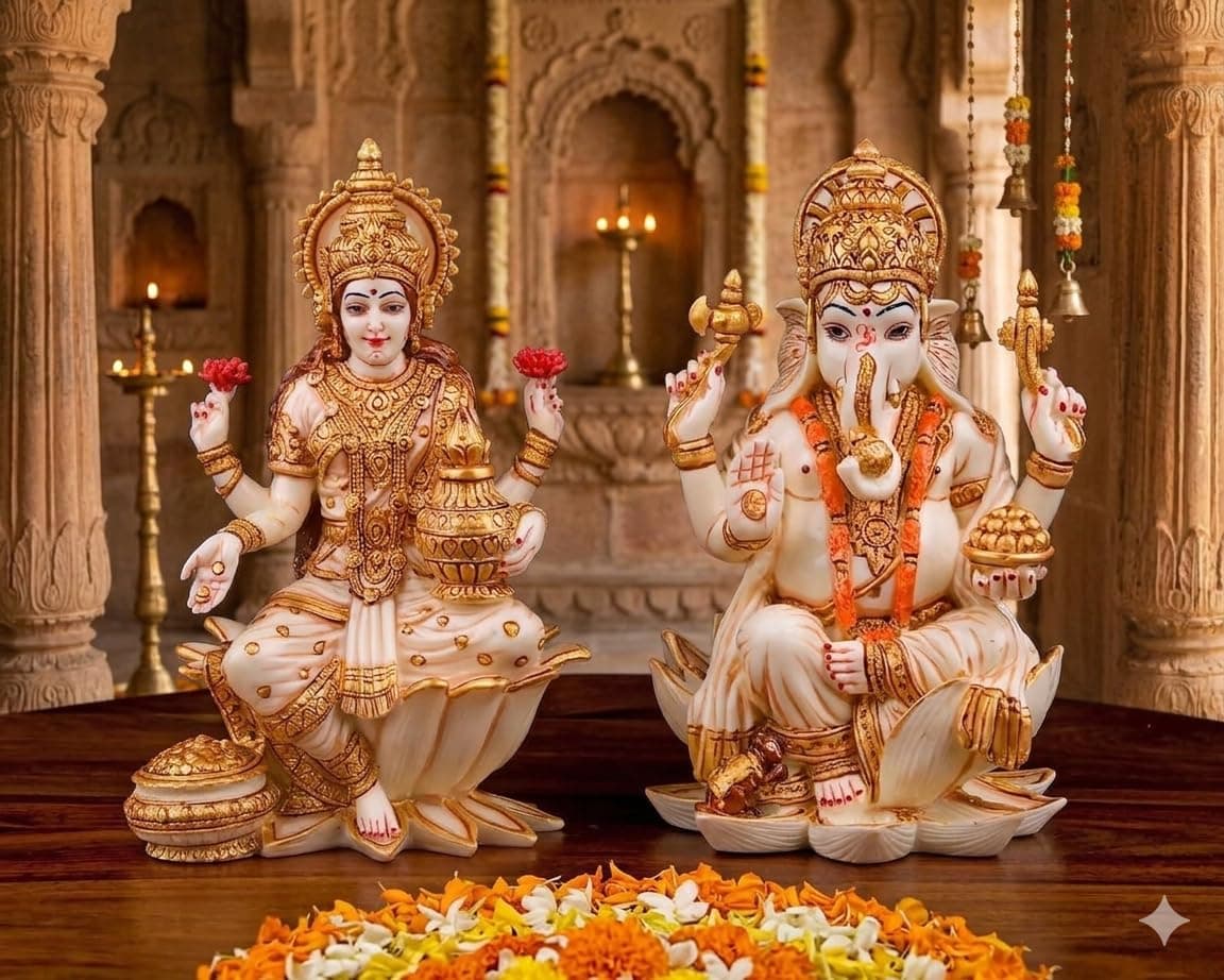DHARVIK CRAFT HUB Lakshmi Ganesha Idol Set | Hand-Painted Cultured Marble Laxmi Ganesh Murti for Diwali Pooja, Home Mandir & Spiritual Decor | Prosperity & Wealth Blessing Gift