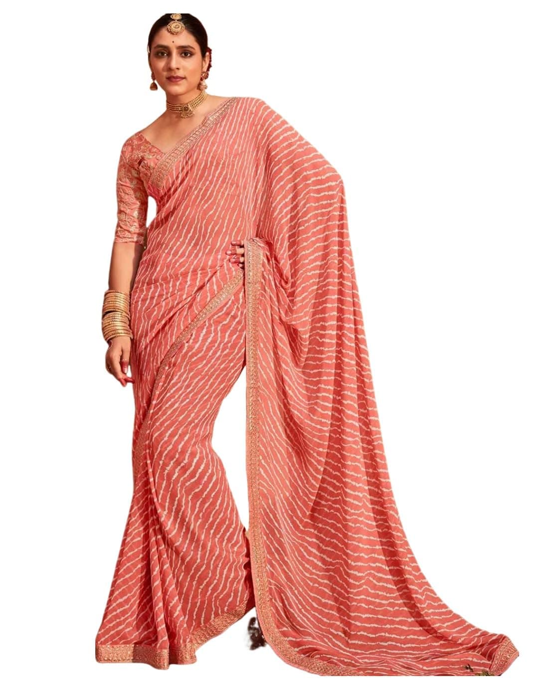 SIRIL Women's Georgette Leheriya Printed Embroidery Lace Boarder Saree With Unstitched Blouse Piece