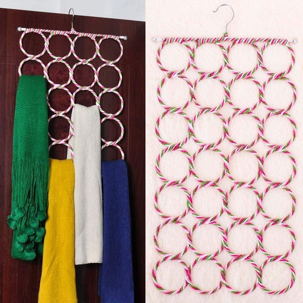 Improvhome 28 Slots Scarf/Dupatta Hanger Organiser (Multicolour, 72 X 36 Cmt, Alloy Steel) Multi Purpose 28 Rings Foldable Hanger For Ties, Scarfs, Belts, 1 Pieces