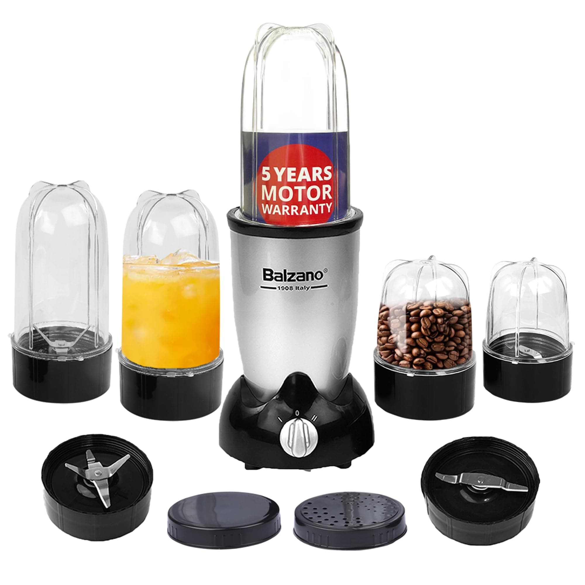 Balzano ABS Bullet Mixer Grinder 500W,5 Years Motor Warranty,5 Jars,2 Blades,2 Lids,Italian Premium Brand,Pulse Function,Mixer Blender for Smoothies,Smoothie Maker,1 Years Product Warranty,Silver