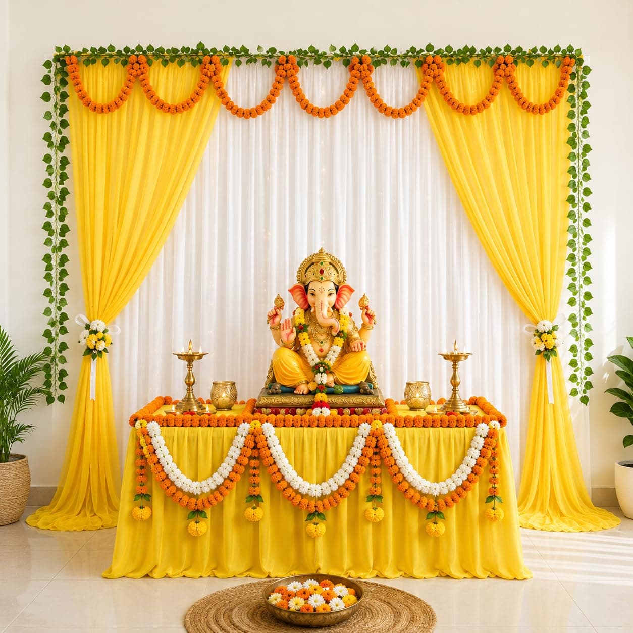 Lazybeee Decoration Item for Home | Ganesh Chaturthi Decoration Kit with 2 Yellow 1 White Net Curtain, Marigold Garlands, Money Plant Vines for Pooja Backdrop Decor, Haldi Mahendi Celebration