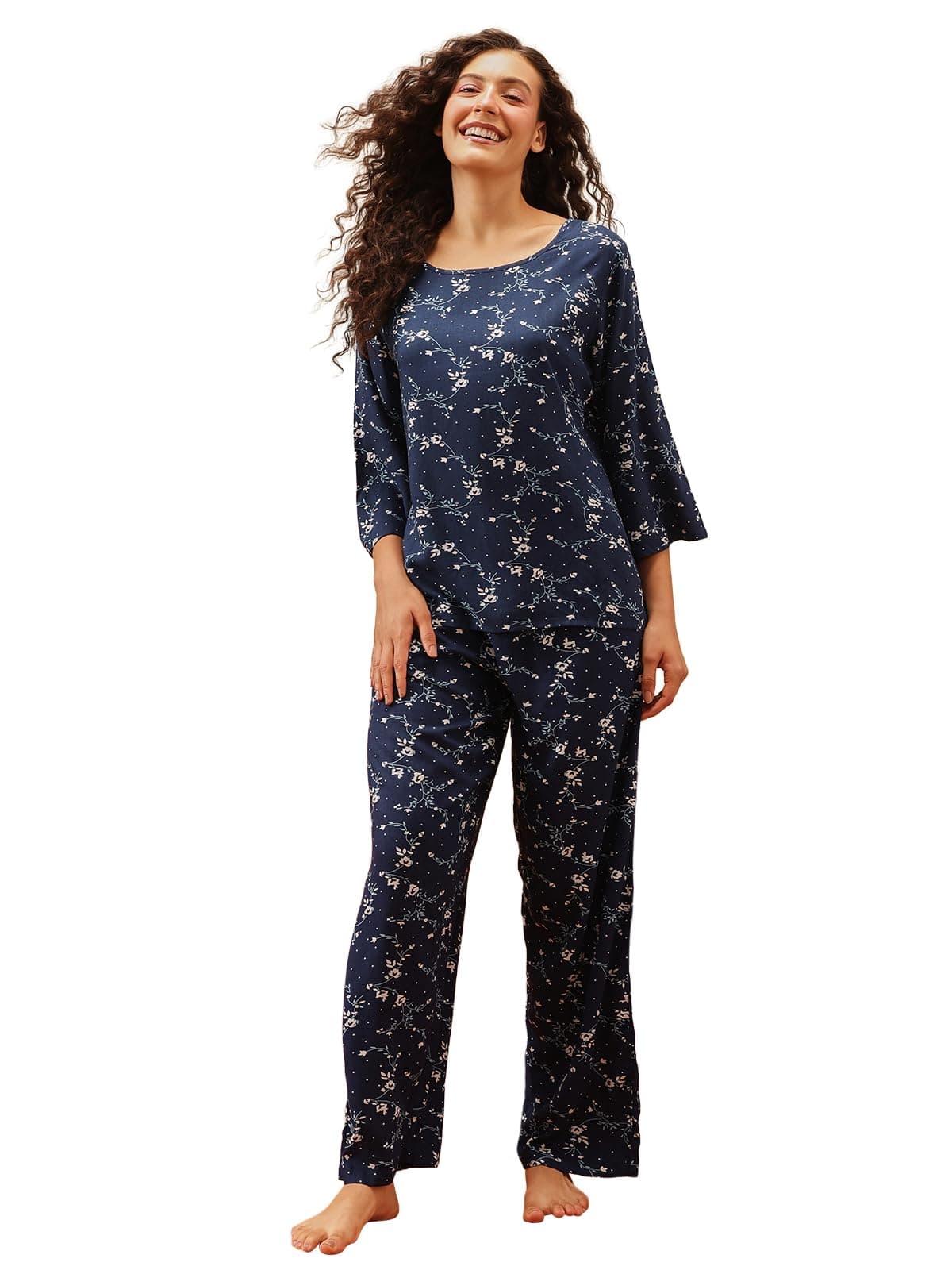 Clovia Women Rayon Night Suit– Floral, Top & Pyjama Set