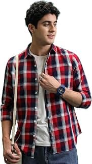 Highlander Men's Slim Fit Checks Shirt |Full Sleeves | Spread Collar | Casual Shirt for Men