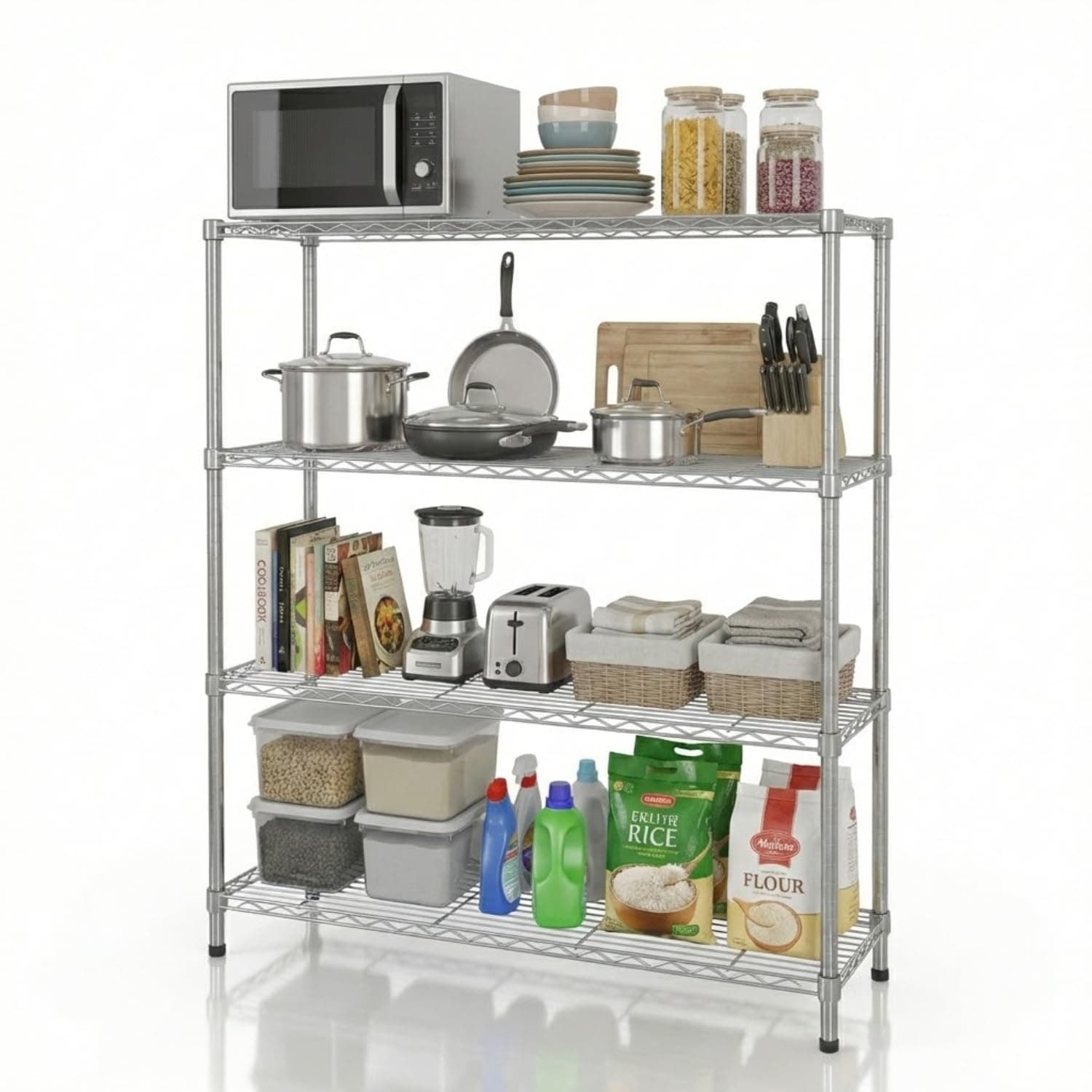 STORACK Storage Rack for Kitchen, Pantry & Utility Organization | 4 Tier Heavy Duty Chrome Wire Shelving Unit | Adjustable Metal Shelf Stand for Home & Shop | 300 KG Load Capacity | 60 x 35 x 125 CM