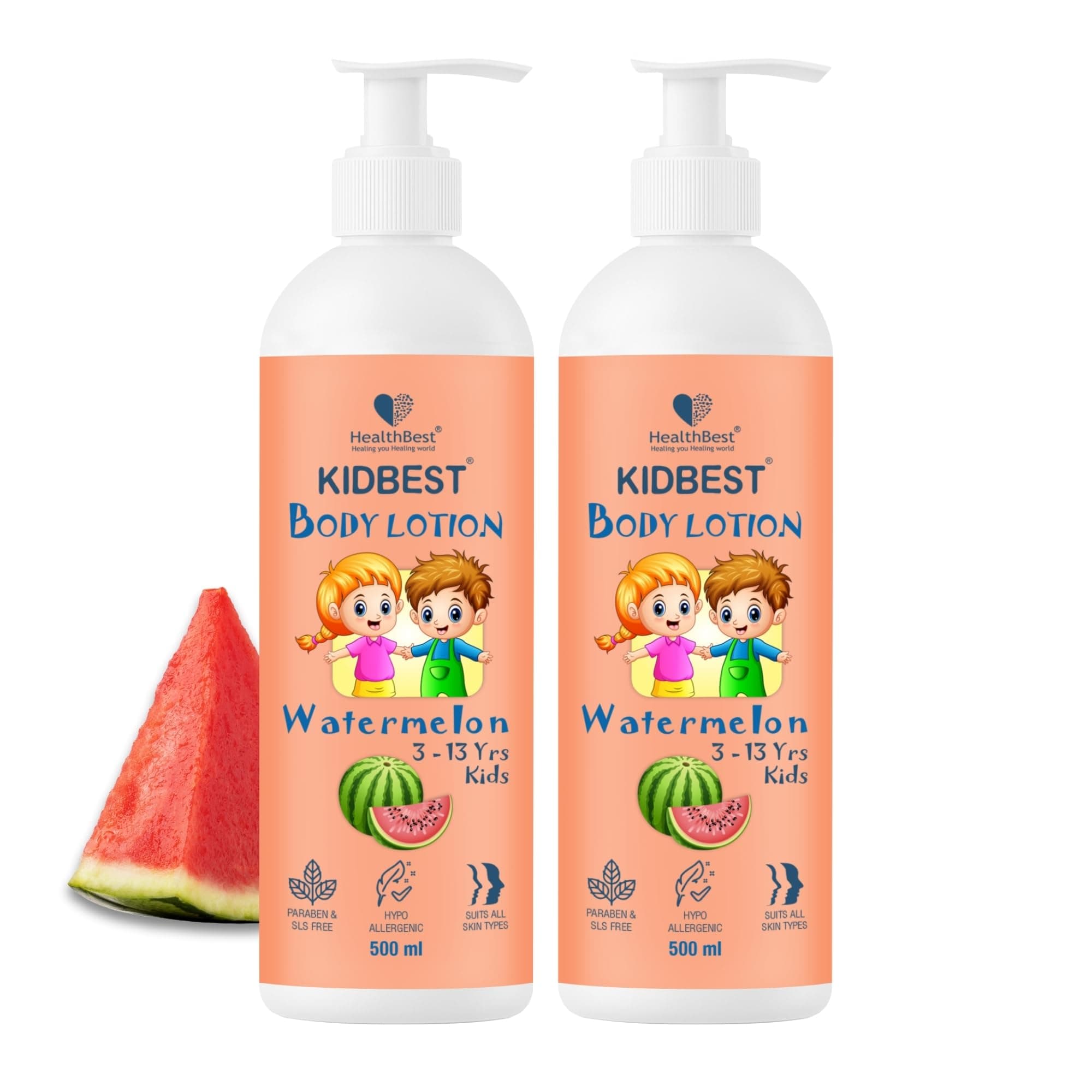 HealthBest Kids Body Lotion 500ml (Pack of 2) Watermelon for 3–13 Years with Aloe Vera, Shea Butter & Vitamin E, Deep Hydration for Dry, Itchy & Sensitive Skin, Fast Absorbing, Tear, Paraben, SLS free