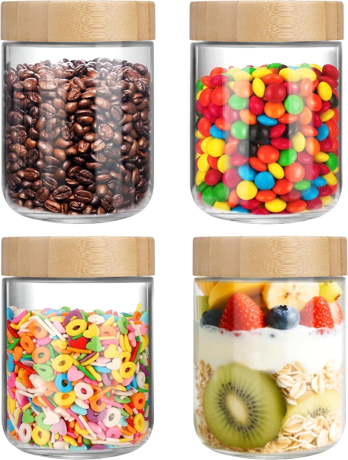 CASADELIGHT 500ML Glass Jars with Airtight Bamboo Lids – Wide Mouth Mason Jars for Overnight Oats, Salad, Yogurt, Snacks, Coffee, Sugar, Spices, and Food Storage – Set of Reusable Containers (4)