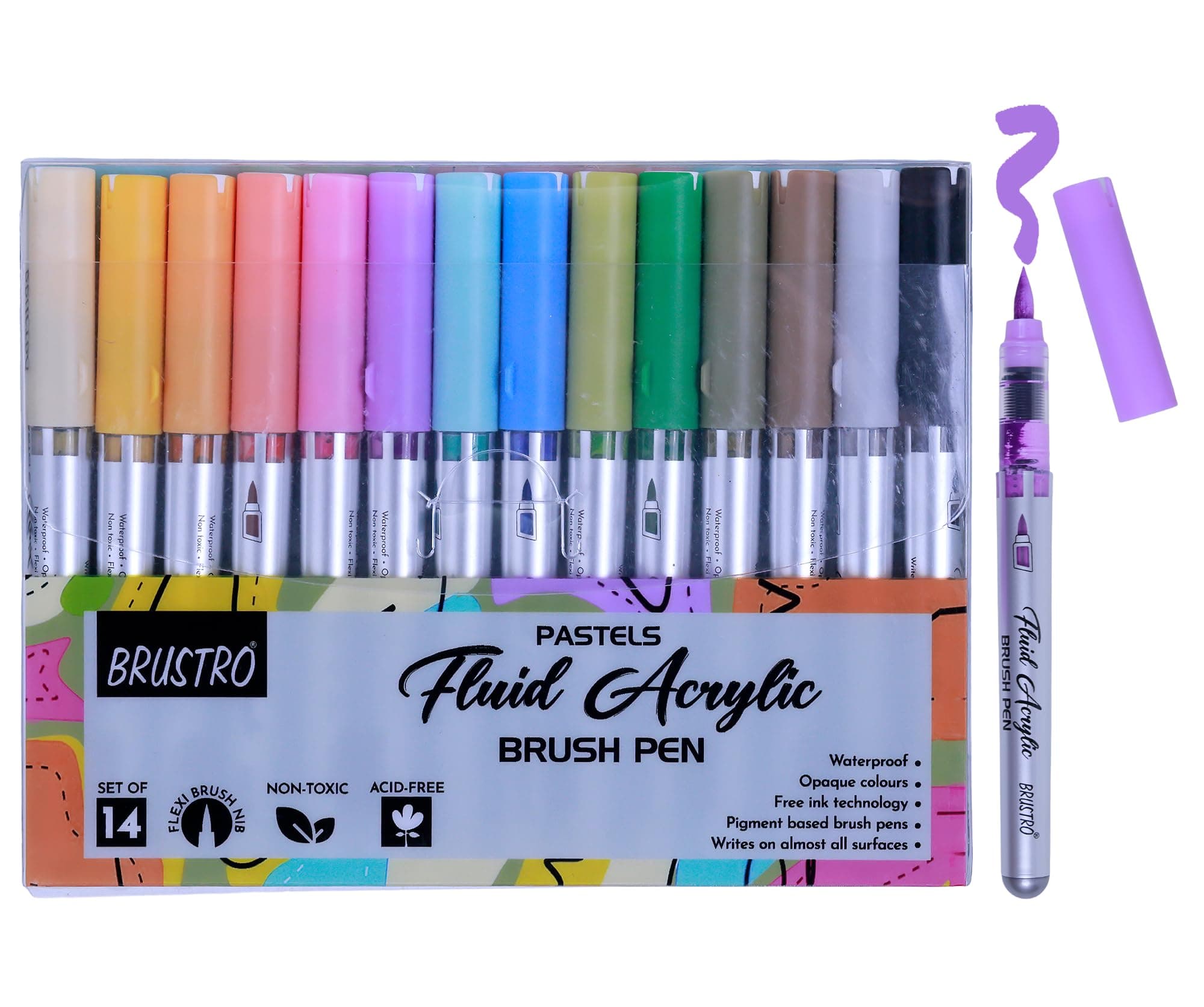 BRUSTRO Fluid Acrylic Brush Pen | Set of 14 Pastel Shades | Waterproof,Fast Drying,Opaque Colors,Highly Pigmented,Non-Toxic | Ideal for Colouring, Drawing, Doodling, Marker, Professional Art & Craft
