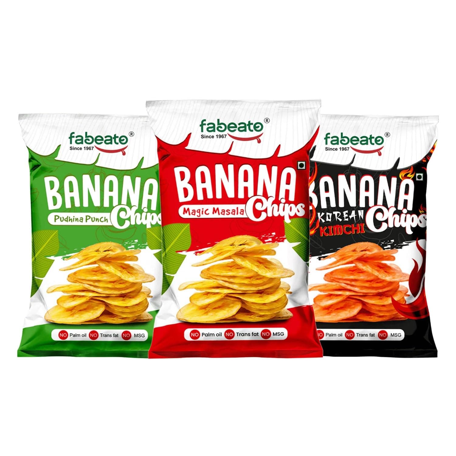 Fabeato No Palm Oil Banana Chips Combo (Pudhina Punch, Magic Masala, Korean Kimchi)| No MSG | Rich in MUFA | Crispy & Flavorful Snack (70g X Pack of 3)