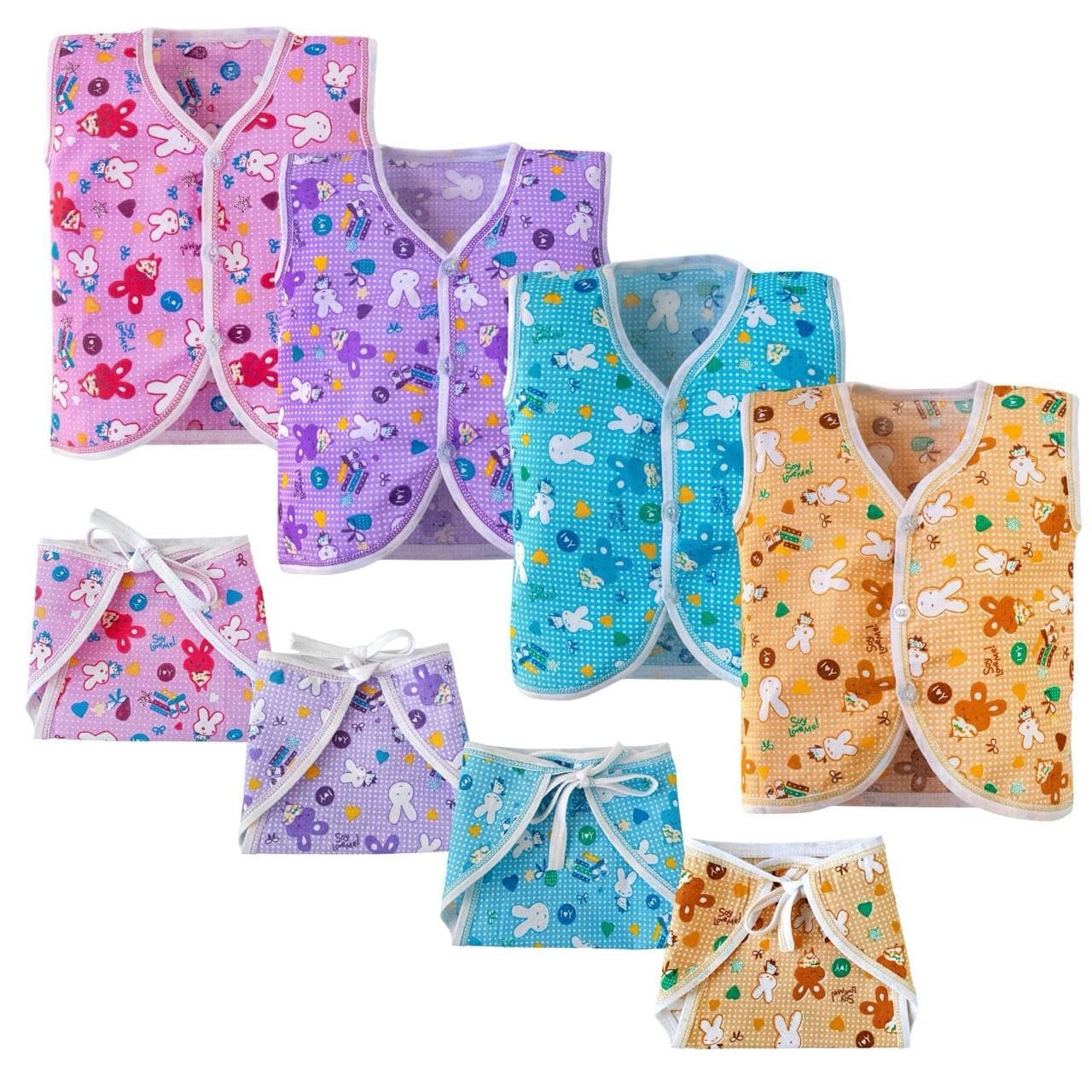 TS LAVI TAVI Baby Sleeveless Jabla & Nappy Set Combo Pack of 4 | Soft Cotton Front Open Vest with Langot for Newborn Baby Boys & Girls | Multicolor Printed Infant Clothing Set (Combo 2, 3-6 Months)