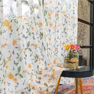 Urban Space Printed Sheer Curtains for Window 5 feet, 35-40% Light Filtering Textured Decorative Curtains with Eyelets and TieBack for Living Room, Set of 2 Curtains (Window - 5 ft, Floral Yellow)