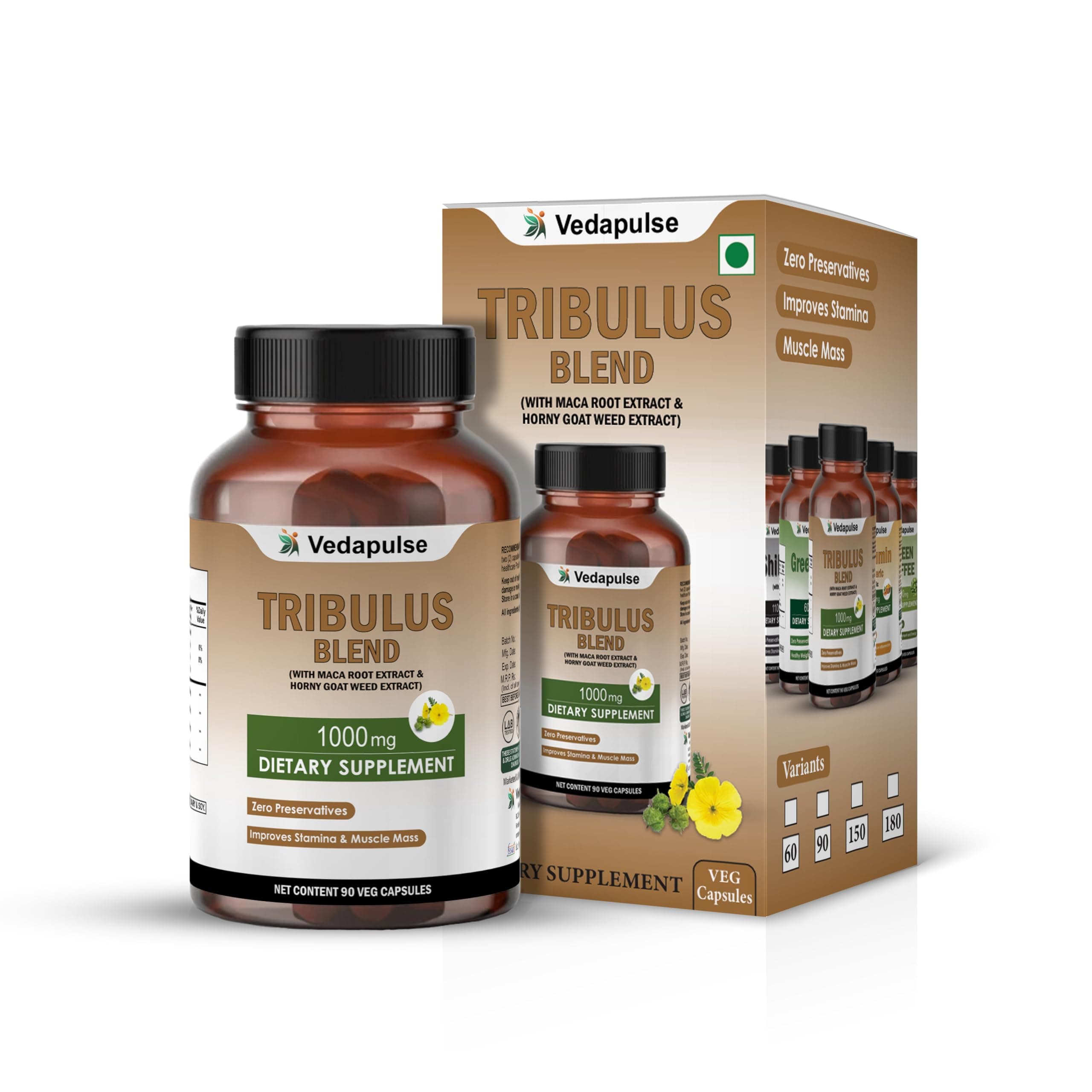 Vedapulse Tribulus Blend | With Maca Root, Horny Goat Weed & Black Pepper Extract | 1000mg | 90 Veg Capsules | Improves Stamina & Muscle Mass | AYUSH Approved Herbal Supplement