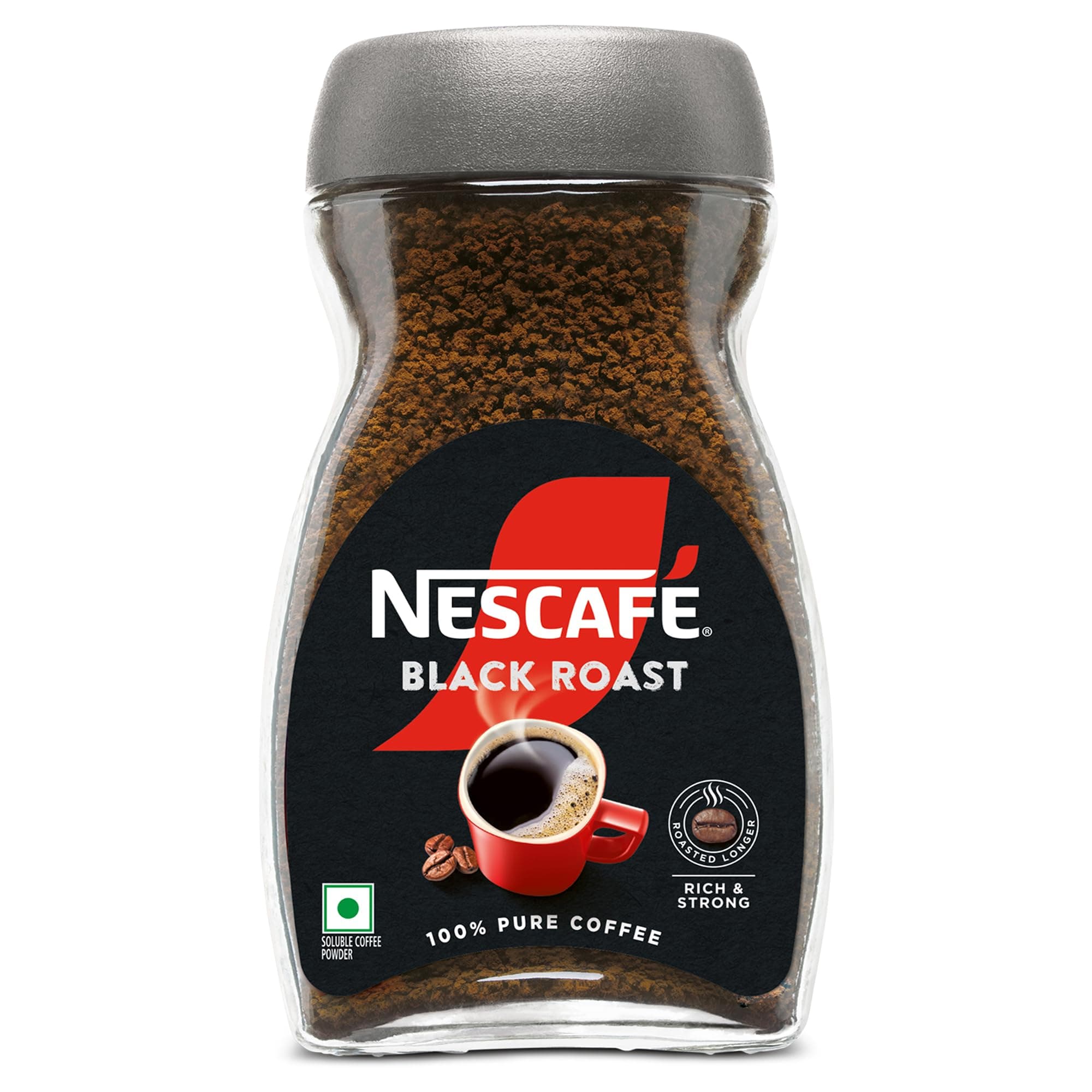 Nescafe Black Roast Instant Coffee | Roasted Longer For A Stronger Cup | Strong & Intense | 100% Pure Soluble Coffee Powder | 90g, Jar