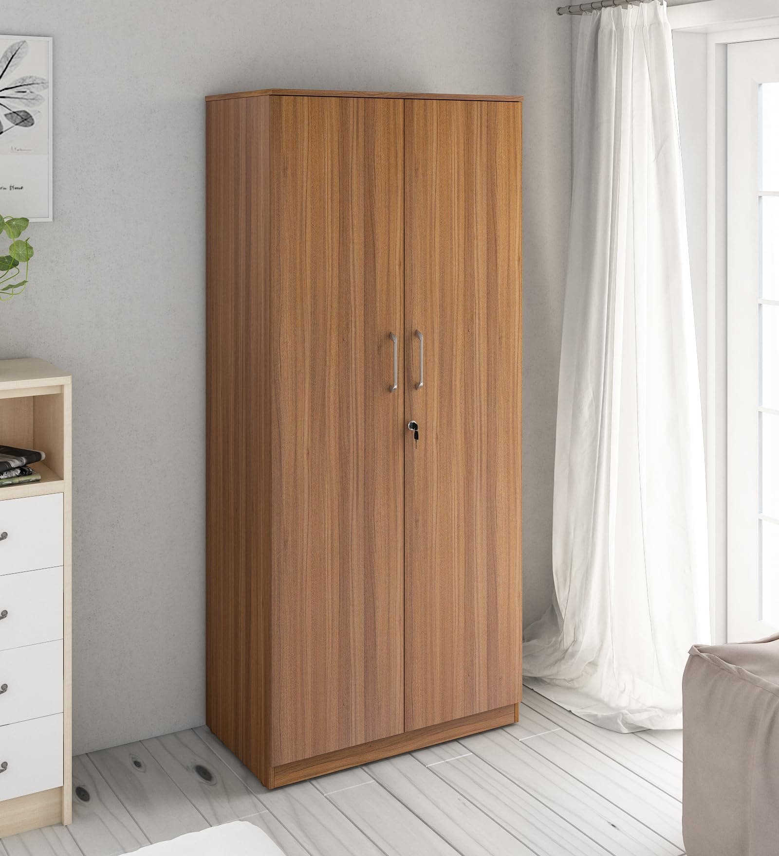 A GLOBIA Creations Axel 2 Door Wardrobe | Engineered Wood | Exotic Teak Finish | Matte | Knock Down | Bedroom Storage with 3 Shelves | Water & Scratch Resistant | 3-Year Warranty