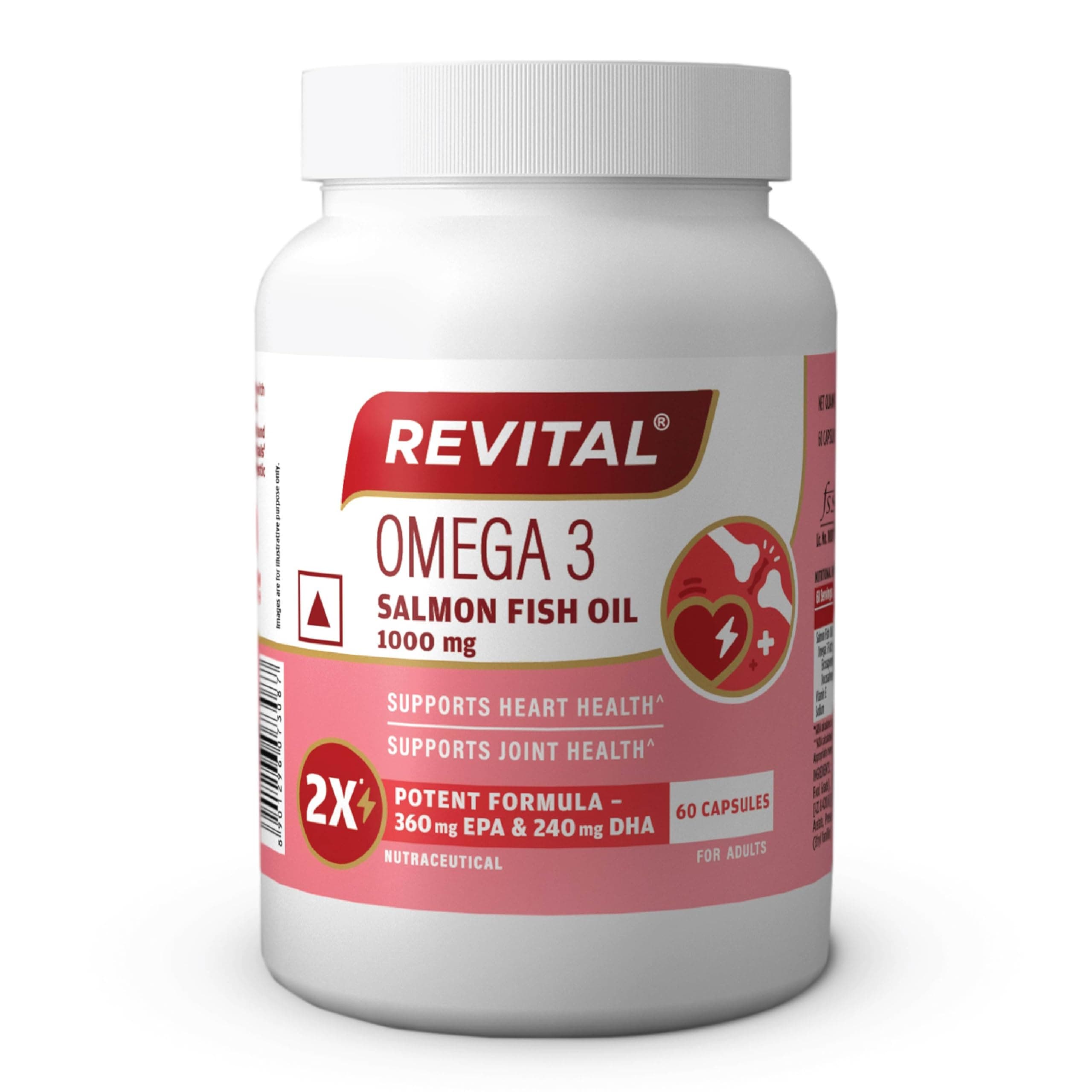 Revital Omega 3 Salmon Fish Oil 1000mg Capsules with EPA 180mg & DHA 120mg | Triglyceride Form | Supports Heart, Joint & Brain Health | Vitamin E Enriched | No Fishy Burps | 60 Capsules | Heavy Metal Tested