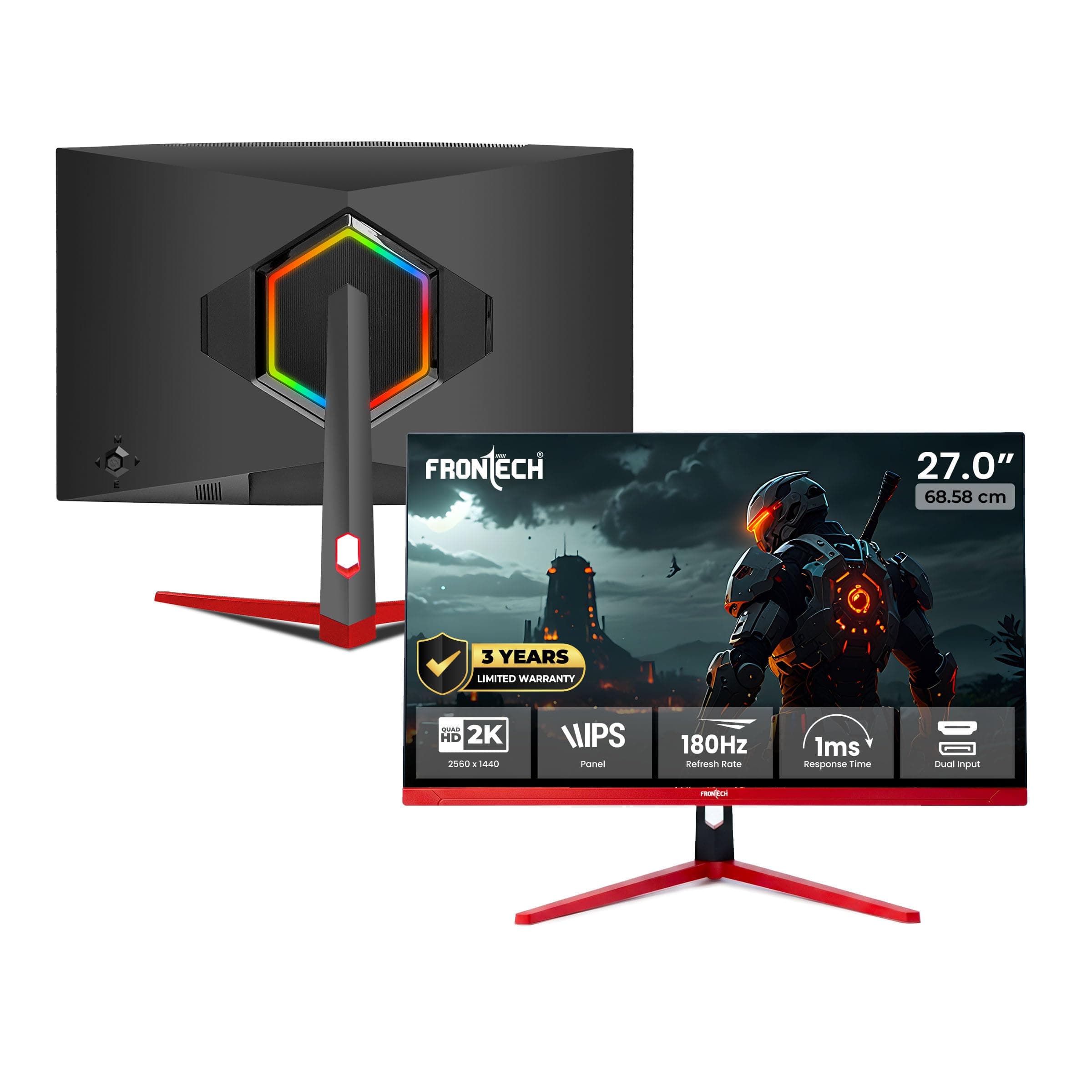 FRONTECH 27-Inch QHD 2K Gaming Monitor (2560×1440) | 180Hz Refresh Rate | IPS Panel | HDMI & DP Dual Input | RGB Backlight | Eye Care | Wall Mount | 3-Year Warranty (MON-0085P)