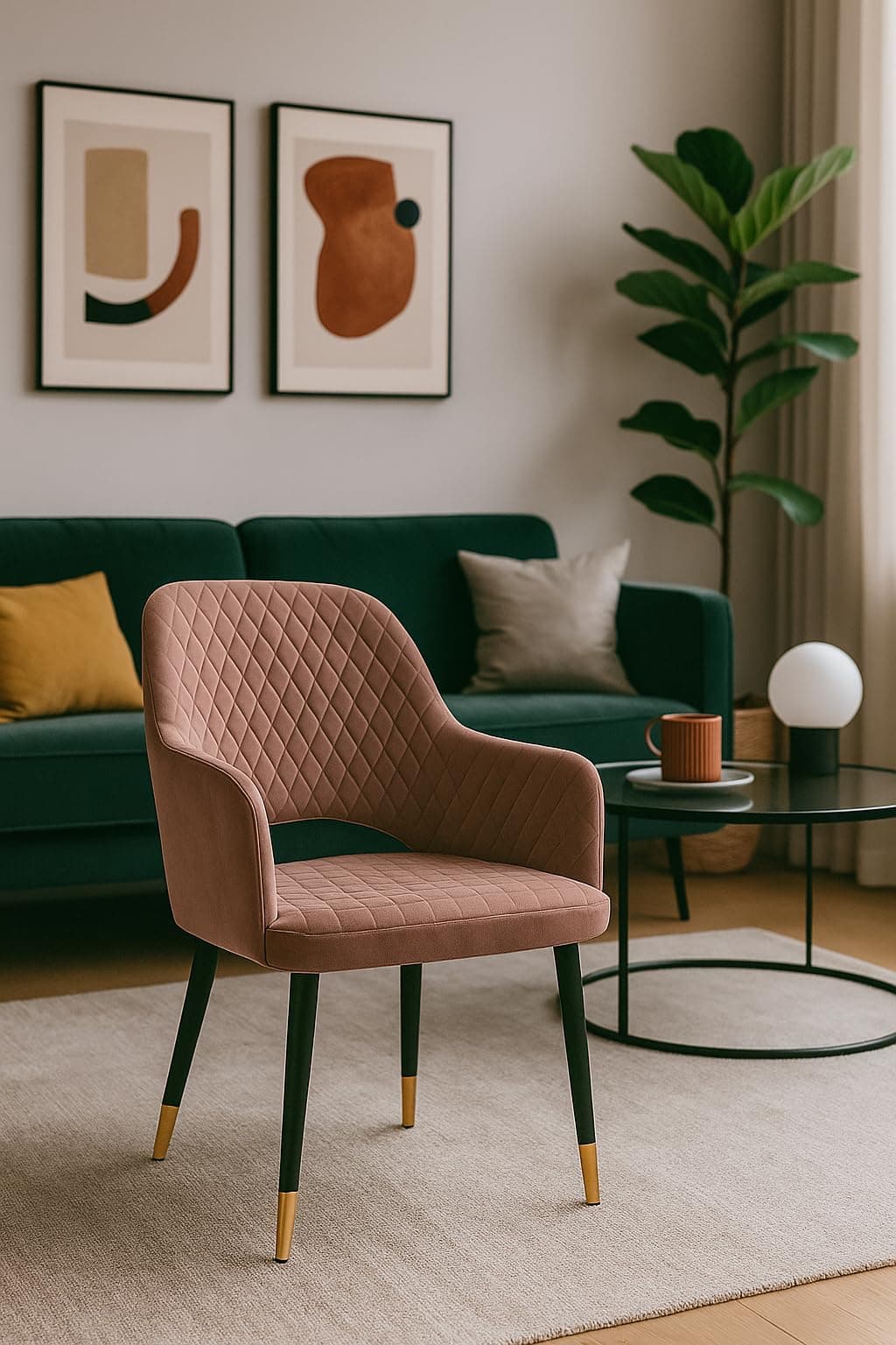 BAWARI Velvet Dining Chair | Barfi Design Accent Chair for Home Office Restaurent Cafe | Upholstered Cushion Chair with Dual Tone Legs | 1pc (Pink, Standard)