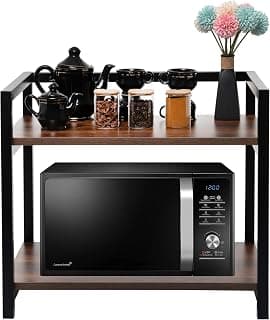 DIVYA 2-Layer Microwave Stand, OTG Stand, Microwave Oven Platform Rack, Kitchen Storage Shelf (Walnut Brown & Black Pipe,Alloy Steel;Engineered Wood, Tiered Shelf) (Black) (Large)