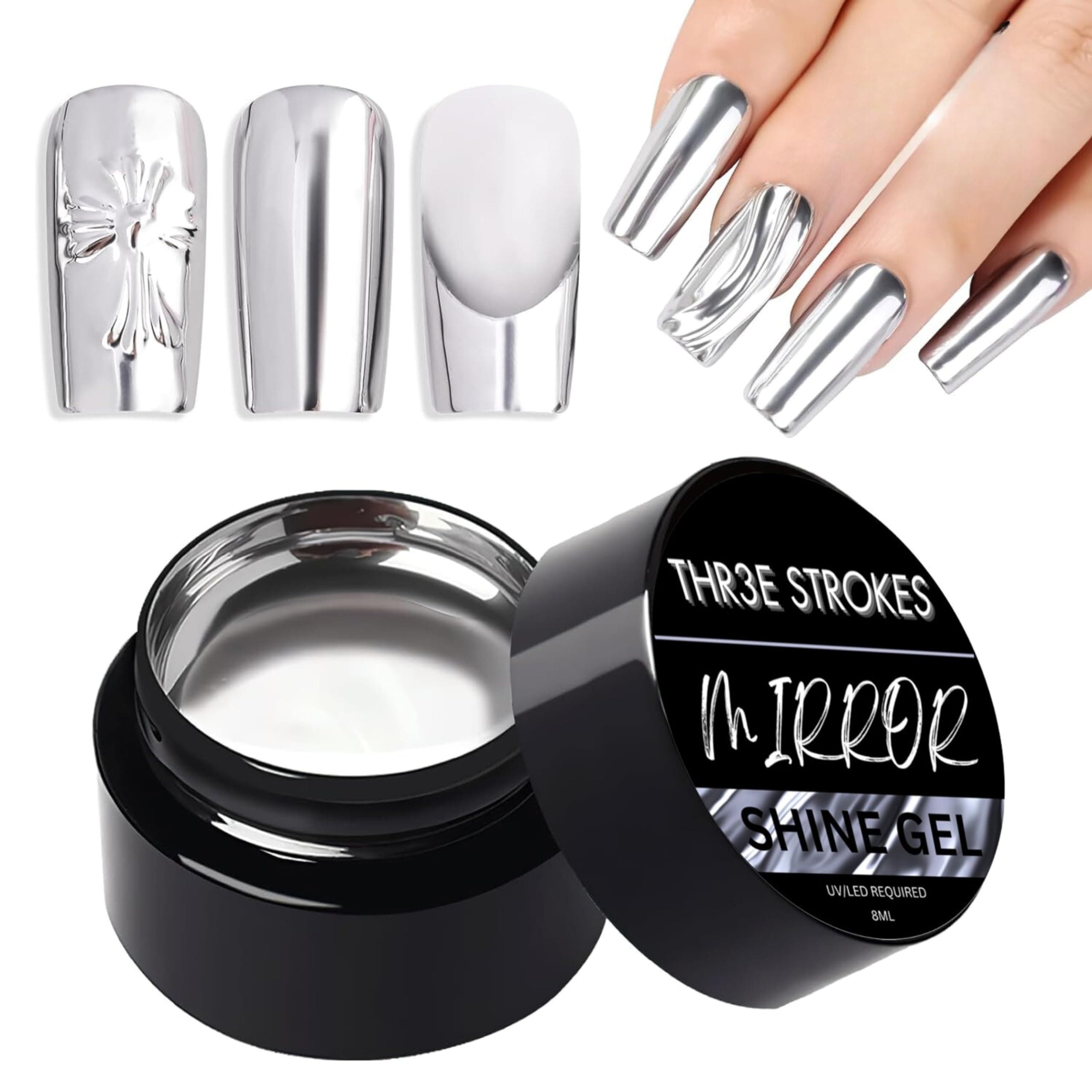 THR3E STROKES 8ml Mirror Shine Metallic Silver Gel UV/LED Gel Metal Painting Drawing Mirror Nail gel for Nail Art Designs (SILVER)