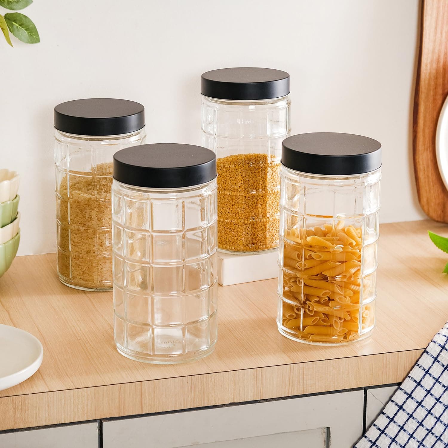 Nestasia Glass Jars for Kitchen Storage Set of 4 (1.9L Each) - Square Textured Food-Safe Transparent Jars with Airtight Lid | Perfect for Kitchen Pantry, Pickles, Pulses, Dry Fruits & Snacks Storage