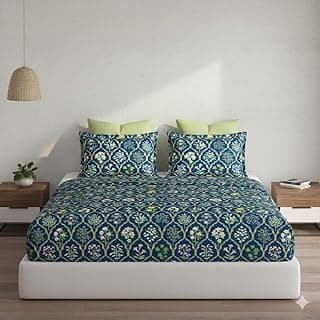 DECOMIZER Cotton Feel Glace Cotton Elastic Fitted Printed King Size Double Bed Bedsheet with 2 Large Pillow Covers Fits Upto Mattress of 8 Inches,Size - 72 x 78 x 10 Inches,Navy Jaipuri