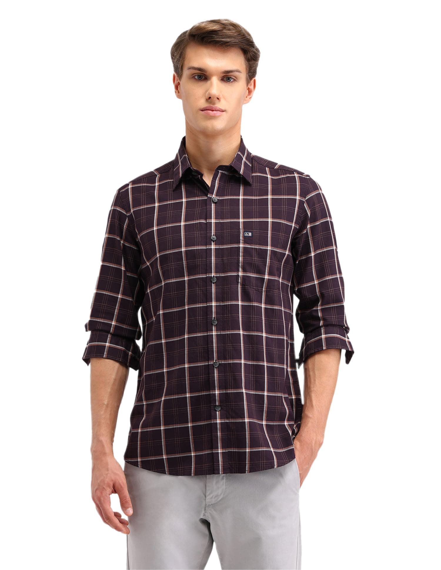 Arrow Sport Men Slim fit Cotton Checked Long Sleeves Semi-Cutaway Collar Shirt