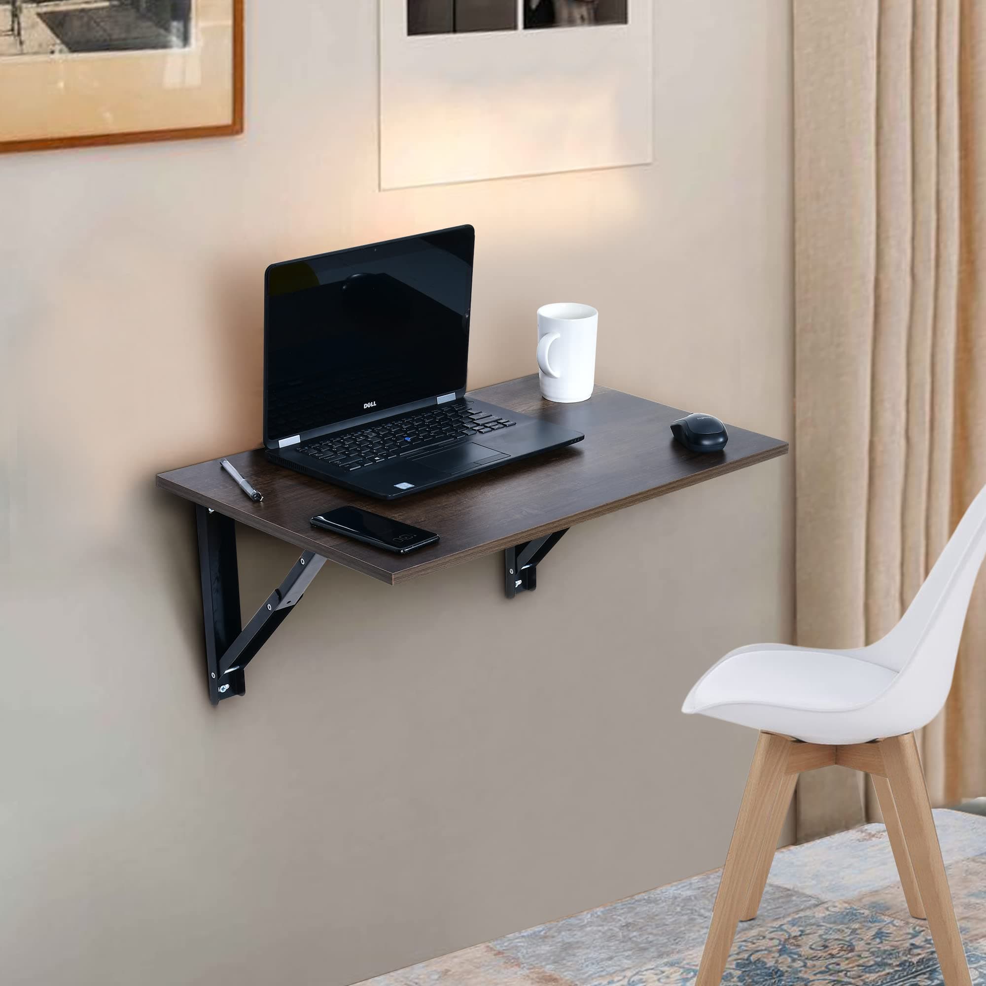 QARA Wall Mounted Folding Table - 24x16 Inch, Rustic Style, Brown Oak, Home Office, Study, Work from