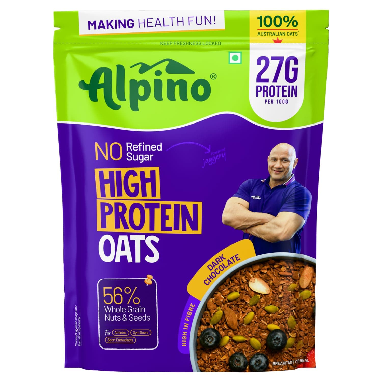 ALPINO 27% High Protein Oats Dark Chocolate 1kg – Rolled Oats, Protein Blend, Jaggery Powder, Cocoa Powder, Nuts & Seeds – 27g Protein, Source of Dietary Fibre & Healthy Fats, No Refined Sugar & Salt