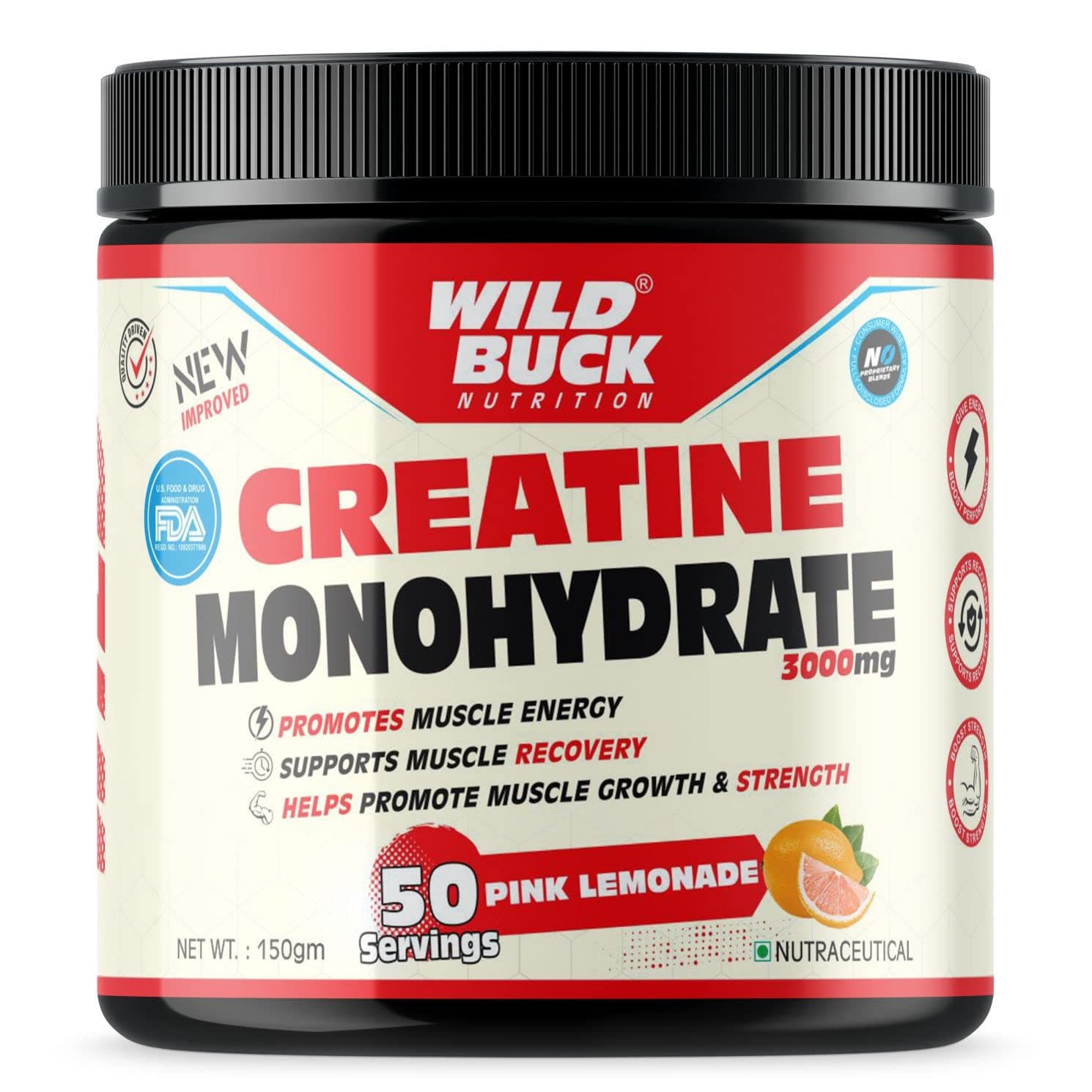 WILD BUCK Creatine Monohydrate Powder,Strength,Reduce Fatigue,100% Pure Creatine,Lean Muscle Building,Supports Muscle Growth,Athletic Performance|Muscle Builder[50 Servings,Pink Lemonade],1 Count