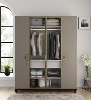 Spacewood Morgan 4 Door Wardrobe | Engineered Wood Almirah with 2 Drawers (2 Lockable) & 1 Hanging Spaces with Mirror | 3-Year Warranty | Sahara Beige (Matte), Dark Brown and Gold