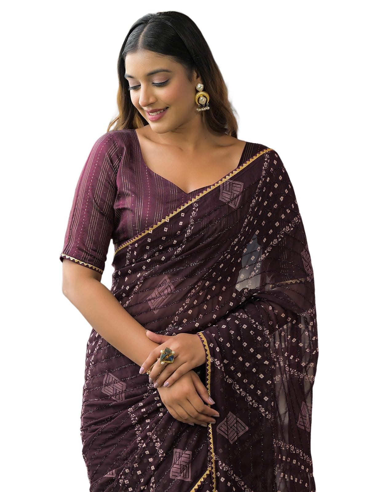 Satrani Women's Weightless Georgette Shimmer Stripe Bandhani Printed Gota Lace Saree with Unstitched Blouse Piece