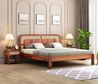 Wooden King Size Cot Without Storage - Solid Wood King Bed - 12 Month Warranty - Stylish Bedroom Furniture (King, Emalyna, Honey Finish)