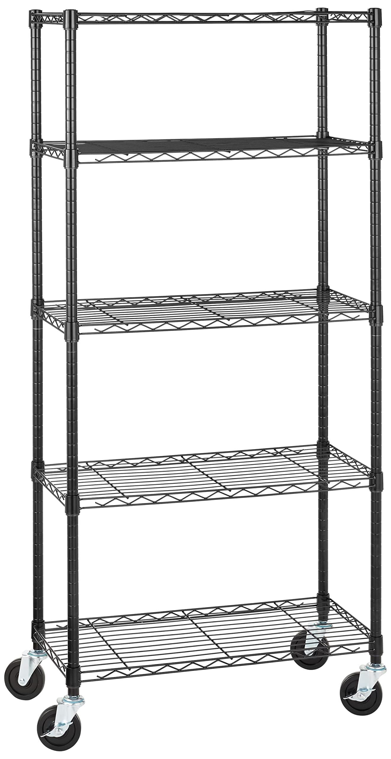 amazon basics 5-Shelf Shelving Casters, Alloy Steel Metal Organizer/Storage Unit On 4'' Wheel With Wire Rack (Black, 30L X 14W X 64.75H, Steel And Metal Shelves), Floor Mount