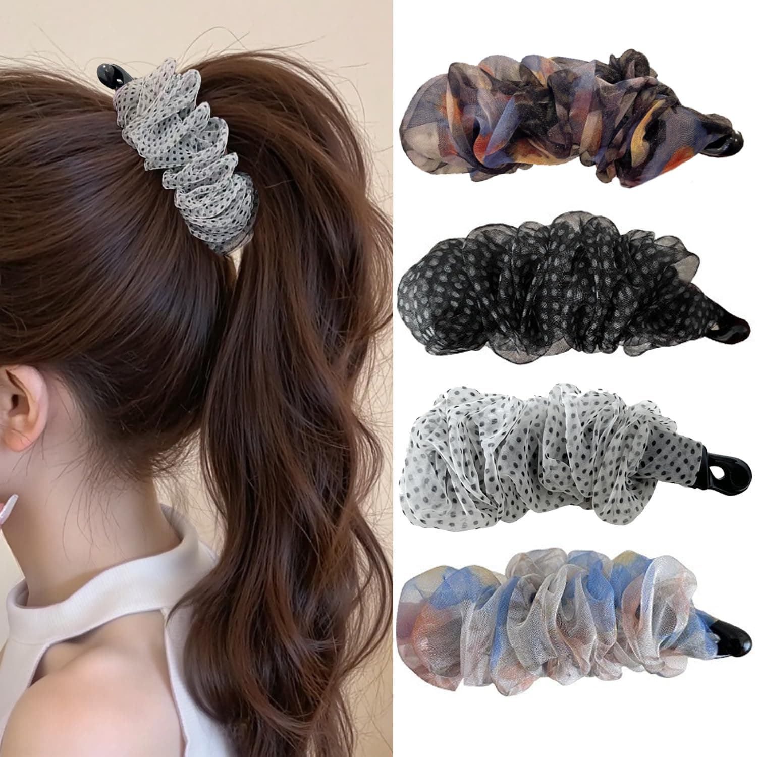 Melodio 4Pcs Mesh Ruffled Banana Hair Clips for Women Girls Stylish Non-Slip High Ponytail Holders Hair Claw Clips Fashion Hair Accessories